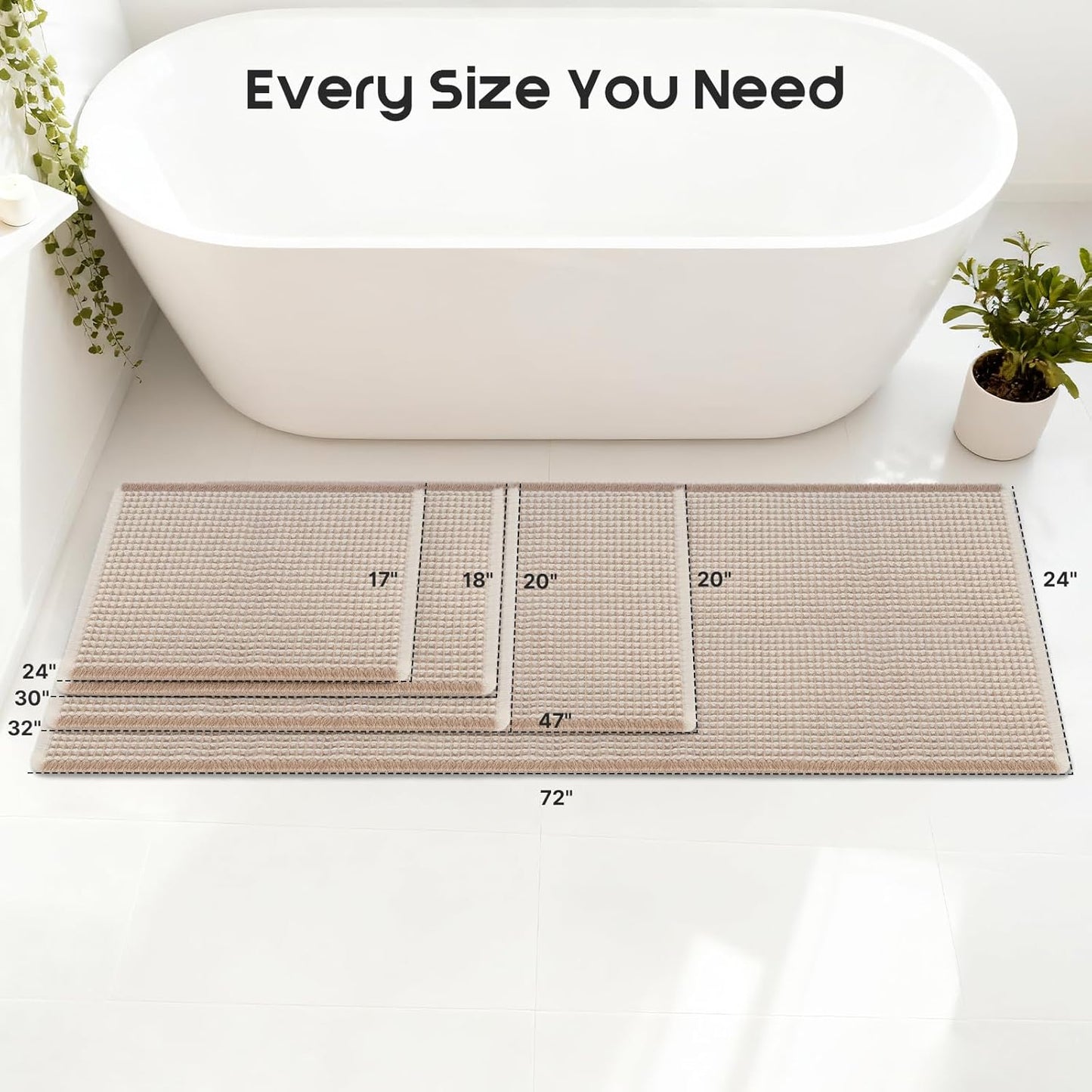 ArtyCozy Waffle Bath Mat Set of 2, Super Absorbent Soft Non-Slip Boho Bath Rugs with Flat-Woven Hot Glue Backing for Bathroom, Machine Washable Bath Mats, 17" × 24" Plus 17" × 24", Brown & White
