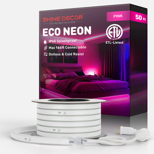 Shine Decor LED Neon Rope Lights, 50FT Pink Flexible AC 110V, Outdoor Waterproof, 120LEDs/M, PVC Material