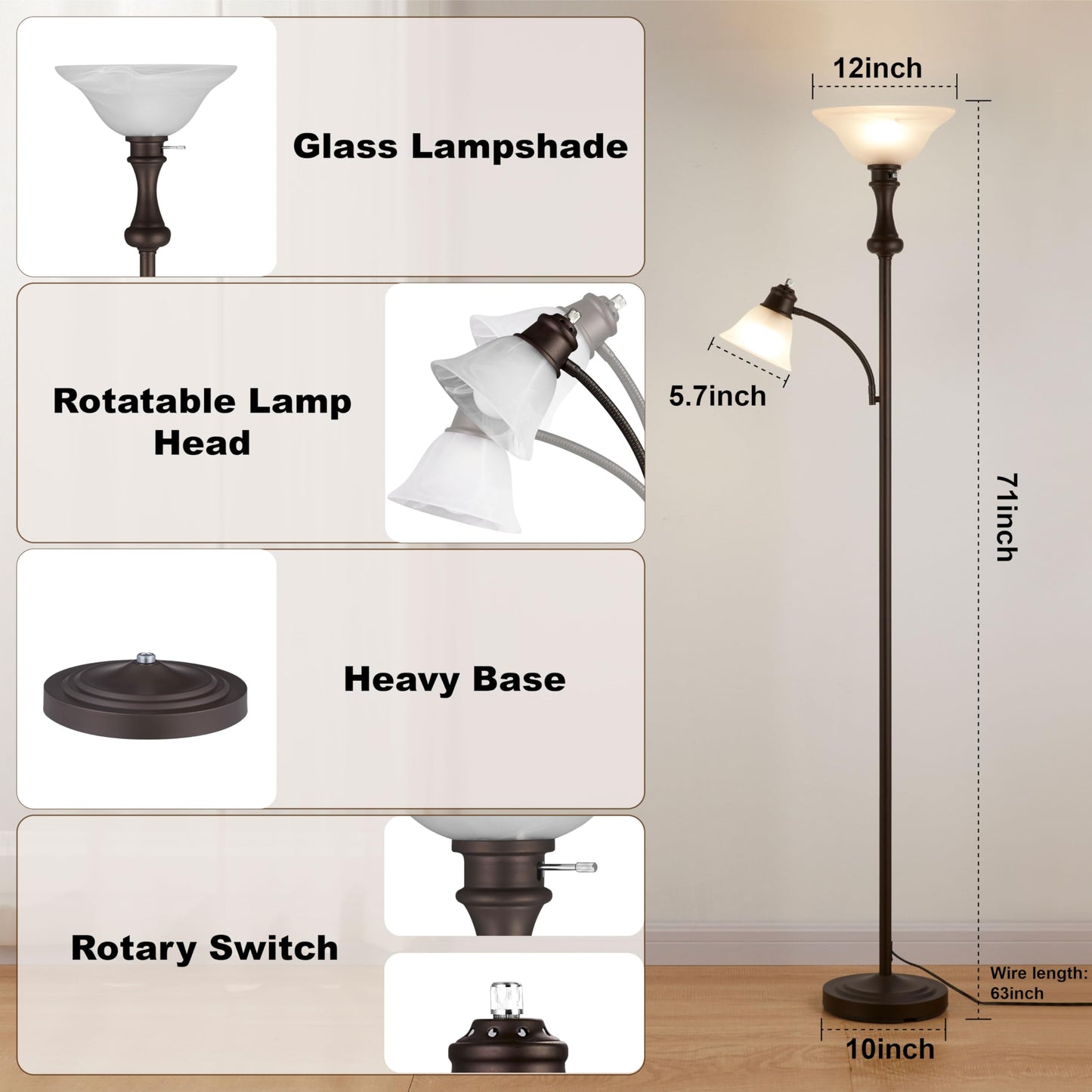 Leasgy 71 Torchiere Floor Lamp For Bedroom With Glass Shade  Tall Floor Lamps For Living Room With Adjustable Angle Arc Reading Light  Modern Standing Light  Knob Switch  Bulb Included  Red Brown