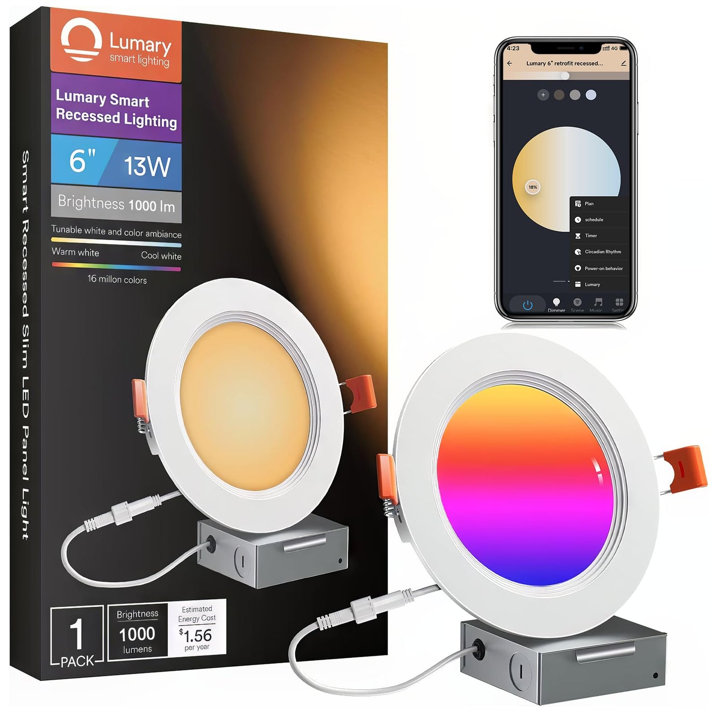 Lumary 6 Inch Smart Wifi Recessed Lighting  Rgbww Canless Led Wafer Downlight  13W 1000Lm Color Changing  Ultra-Thin W/Anti-Glare Baffle  Compatible With Alexa/Google/Remote-Included  1Pc