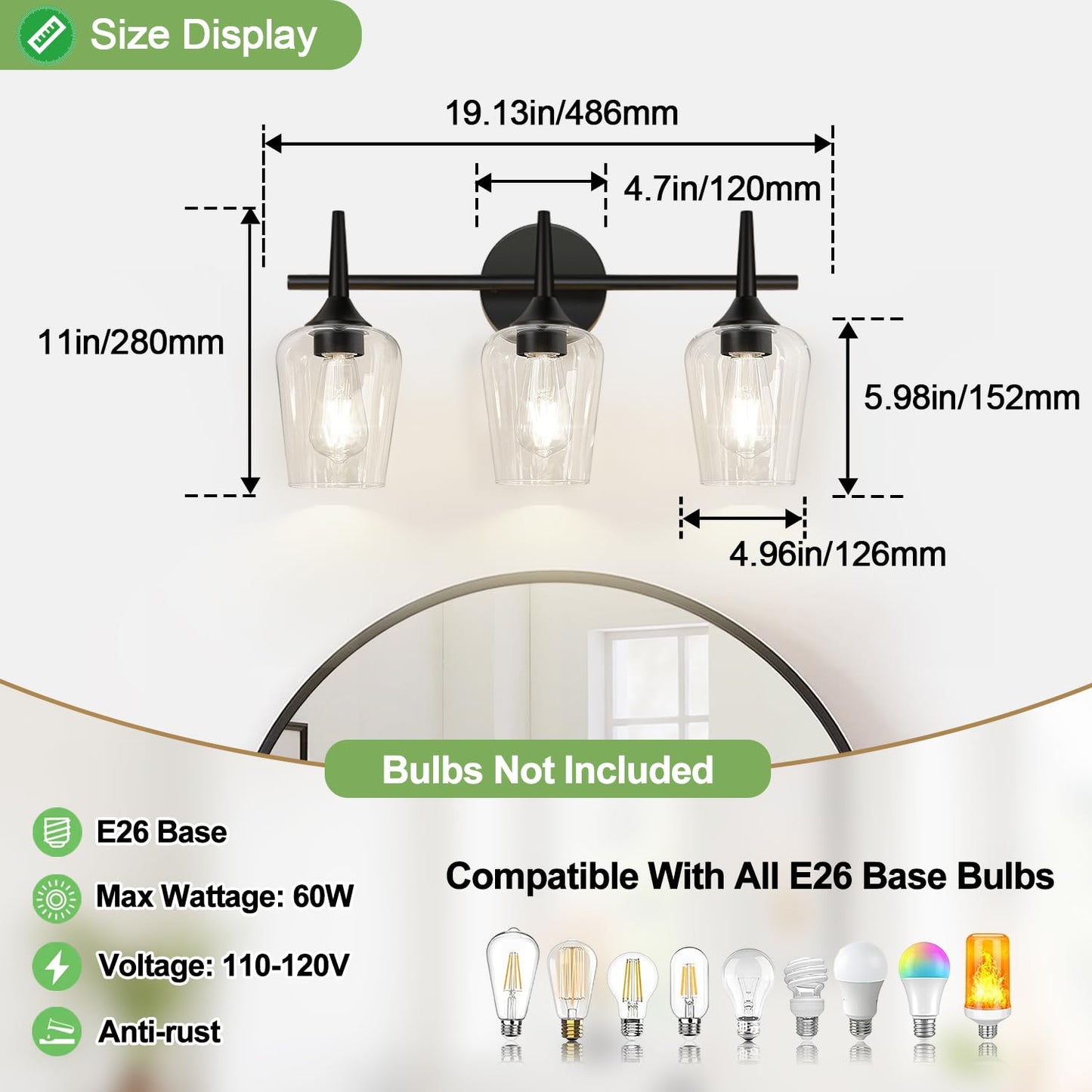 Mokatng 2025 Upgrade 3-Light Bathroom Light Fixtures  Black Vanity Lights For Bathroom With Clear Glass  19.5 Inch Bathroom Lighting Fixtures Over Mirror  Modern Wall Lamp For Cabinet Hallway