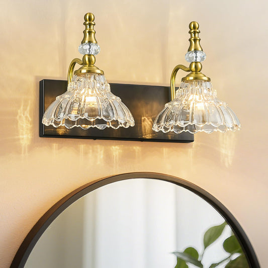 Lbsqj Vintage Bathroom Vanity Light  2-Light Black Gold Vanity Lighting Fixture With Flower Glass Shade  Bathroom Lighting Fixtures Over Mirror