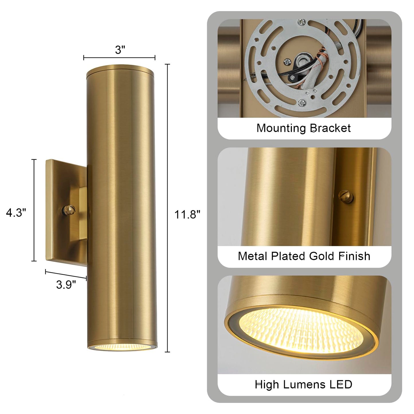 Zicbol 2 Packs Up And Down Lights Outdoor Wall Light Fixture 11.8 Gold Outdoor Sconces Wall Lighting Mount On House Porch & Patio Garage Entrance