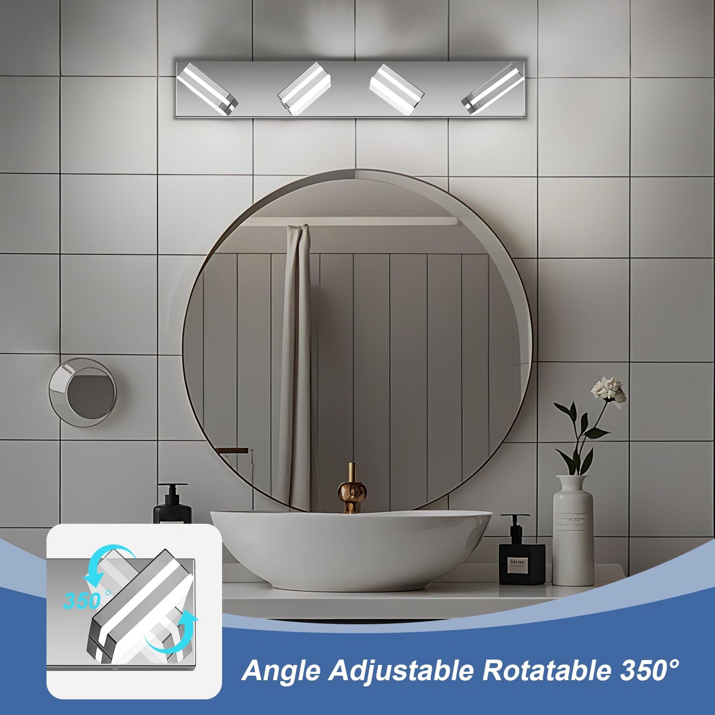 Jzekvn Modern Led Bathroom Lights Fixtures(4-Light) Stainless Steel Chrome Acrylic Wall Lighting Vanity Lights For Bathroom Over Mirror(6000K 27In