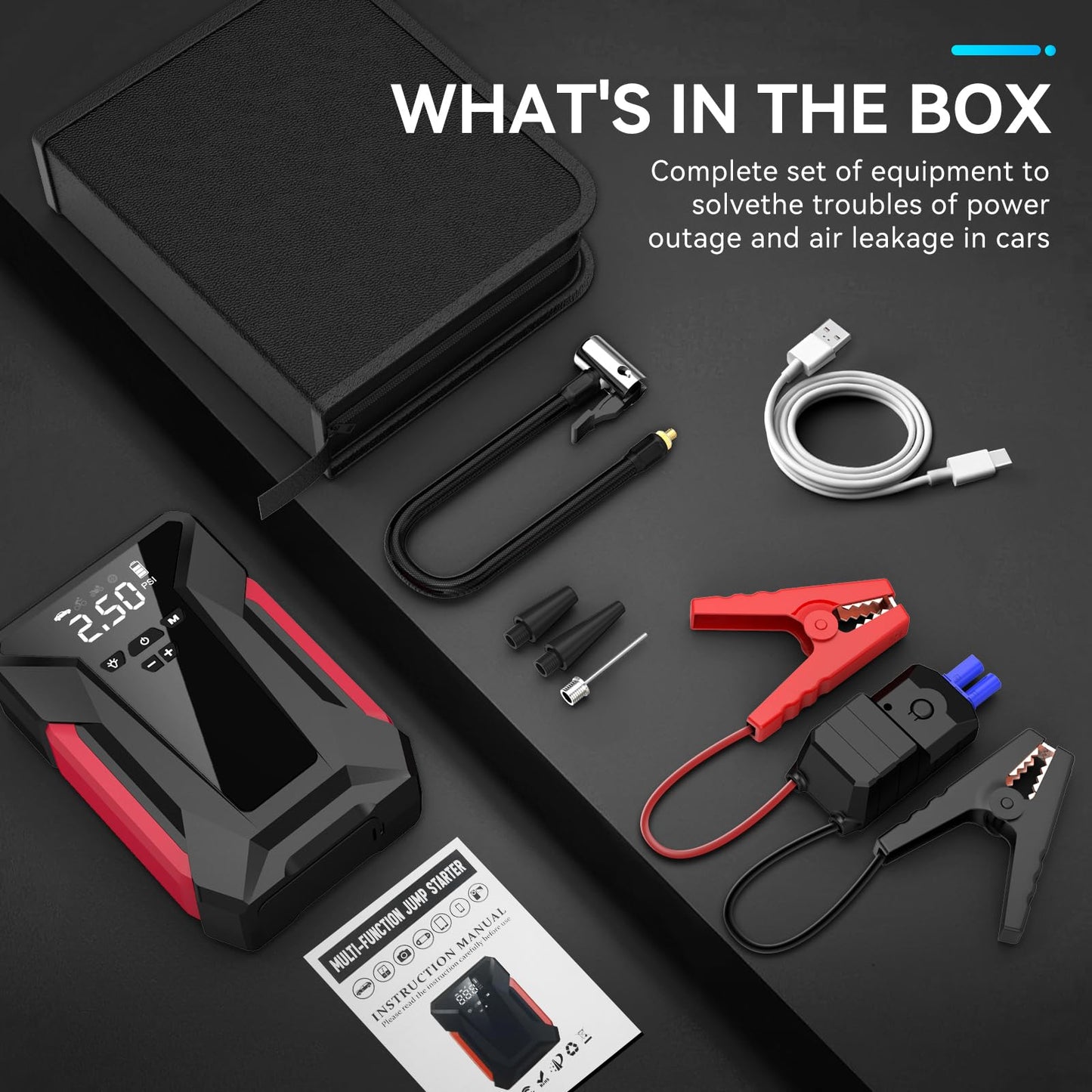 Jump Starter with Air Compressor,4000A Portable Car Battery Jump Starter (10L Gas/8.5L Diesel), 12V Battery Charger Booster,150PSI Auto-Shutoff Tire Inflator,Portable Jumper Cables, LED Light (Black)