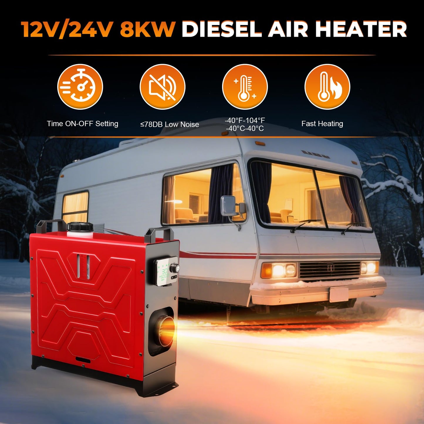 GEARLASSO Diesel Heater 12V/24V/110V 8KW APP Remote Control Parking Air Heaters All in One Fast Heating with Muffle Silencer for Campers RV Truck Boat Bus Car Trailer Garage Home Tent