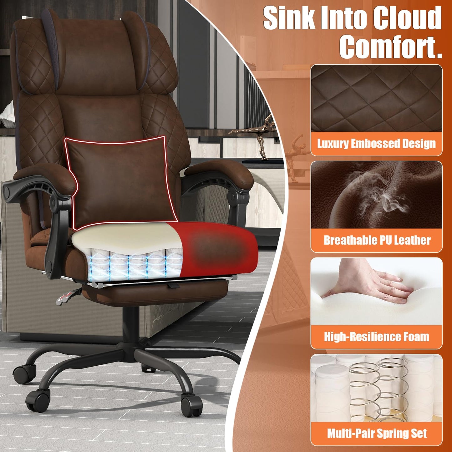 Ergonomic Office Chair with Footrest, 400lbs High Back Executive Home Office Computer Chair with Unique Ear-Shape Headrest for Neck Support,Coffee Leather Office Chairs for Home Office Work