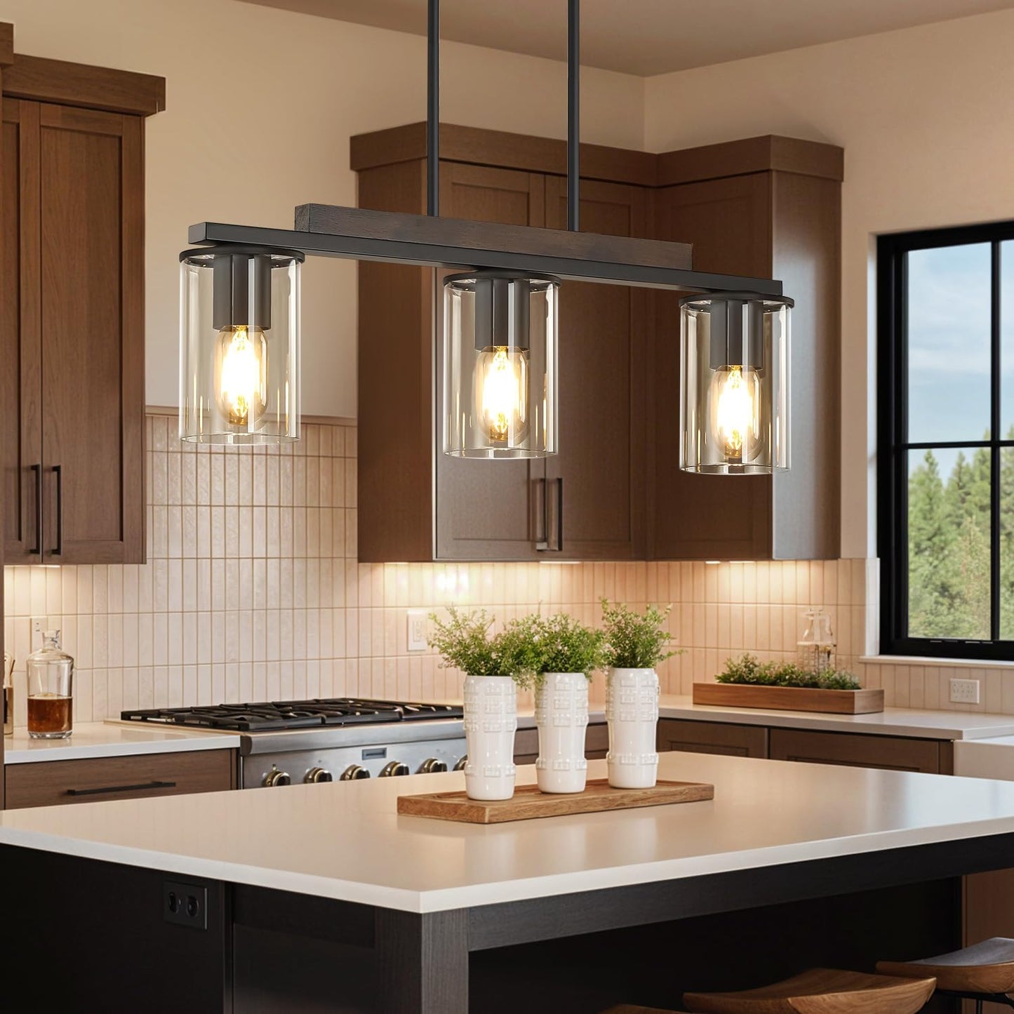 Mecgirn Farmhouse Dining Room Light Fixtures Over Table  Black Pendant Lights For Kitchen Island  3 Light Linear Chandelier Lighting With Wood