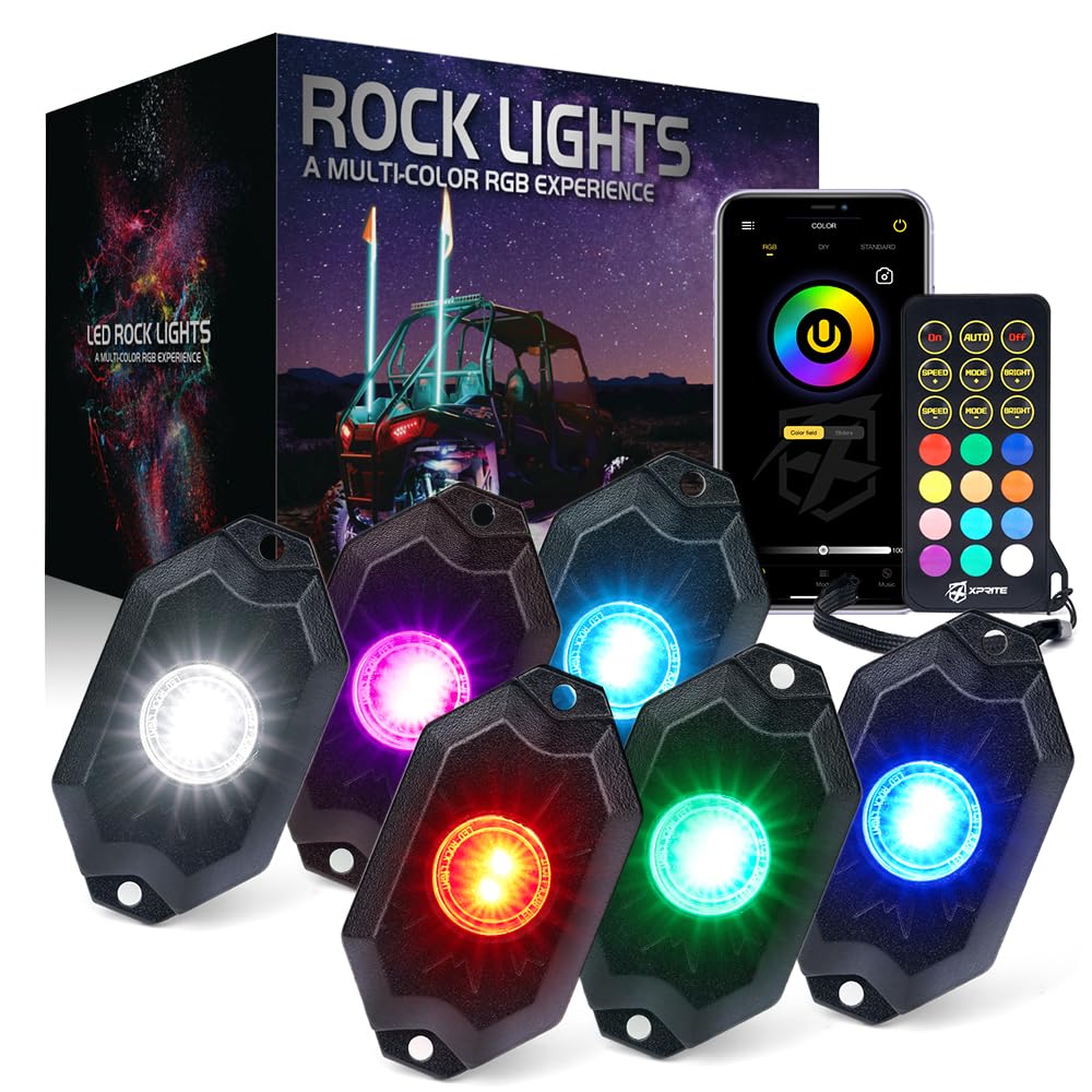 Xprite RGBW LED Rock Lights Kit with Bluetooth & Wireless Remote Controller, Multicolor Cars Underglow, Wheel, Footwell Neon Light Kits, for Off-Road UTV ATV Trucks SUV Motorcycle Boats - 6 Pods