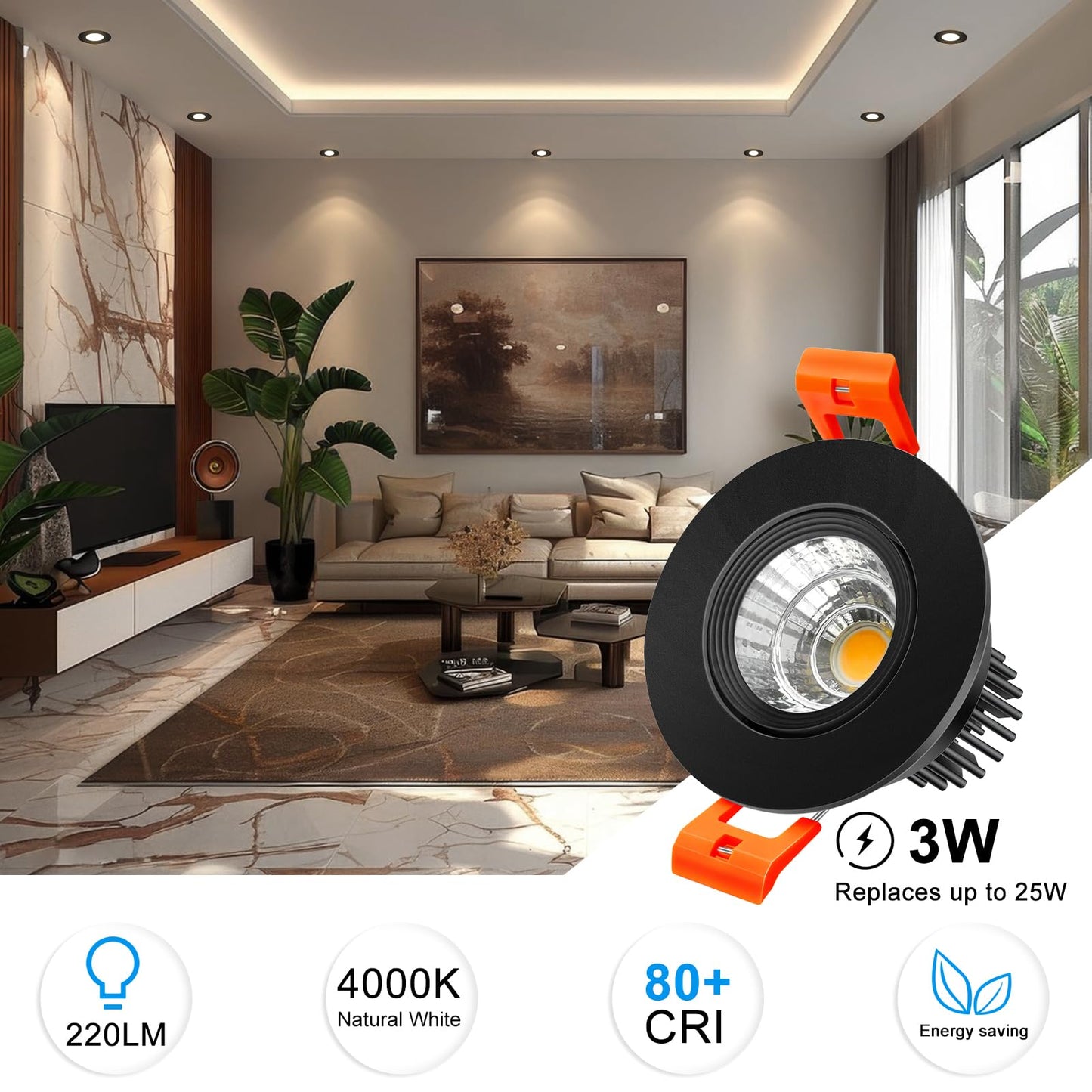 Inshareplus 2 Inch Led Downlight  3W Recessed Lighting 220Lm Cob Dimmable  4000K Natural White  Cri80  Black Trim  Ceiling Lights With Led Driver  20 Pack