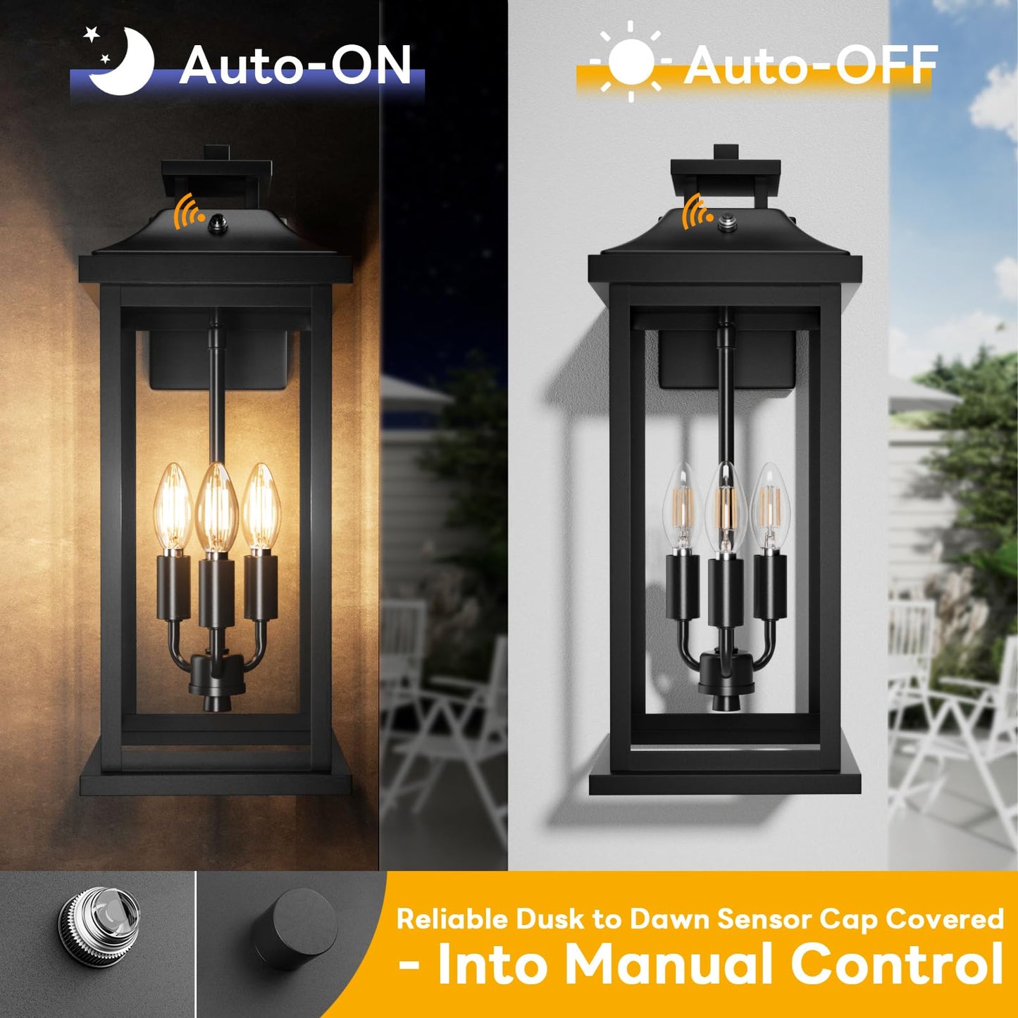 Venzblomia 20 Large Dusk To Dawn Outdoor Lights 3-Light  2 Pack Black Modern Exterior Lighting Fixtures Photocell Sensor Outside Porch Lights Wall Mount  Waterproof Patio Exterior Sconce Lamps E12