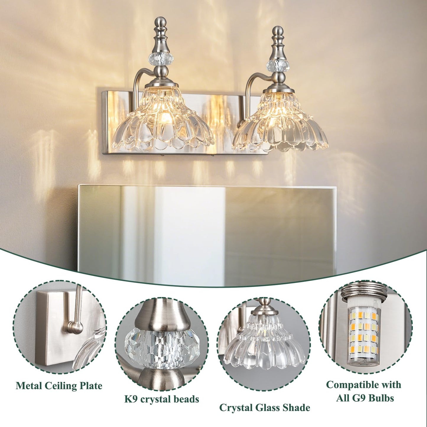 Lbsqj Vintage Bathroom Vanity Light  2-Light Brushed Nickel Vanity Lighting Fixture With Flower Glass Shade  Bathroom Lighting Fixtures Over Mirror