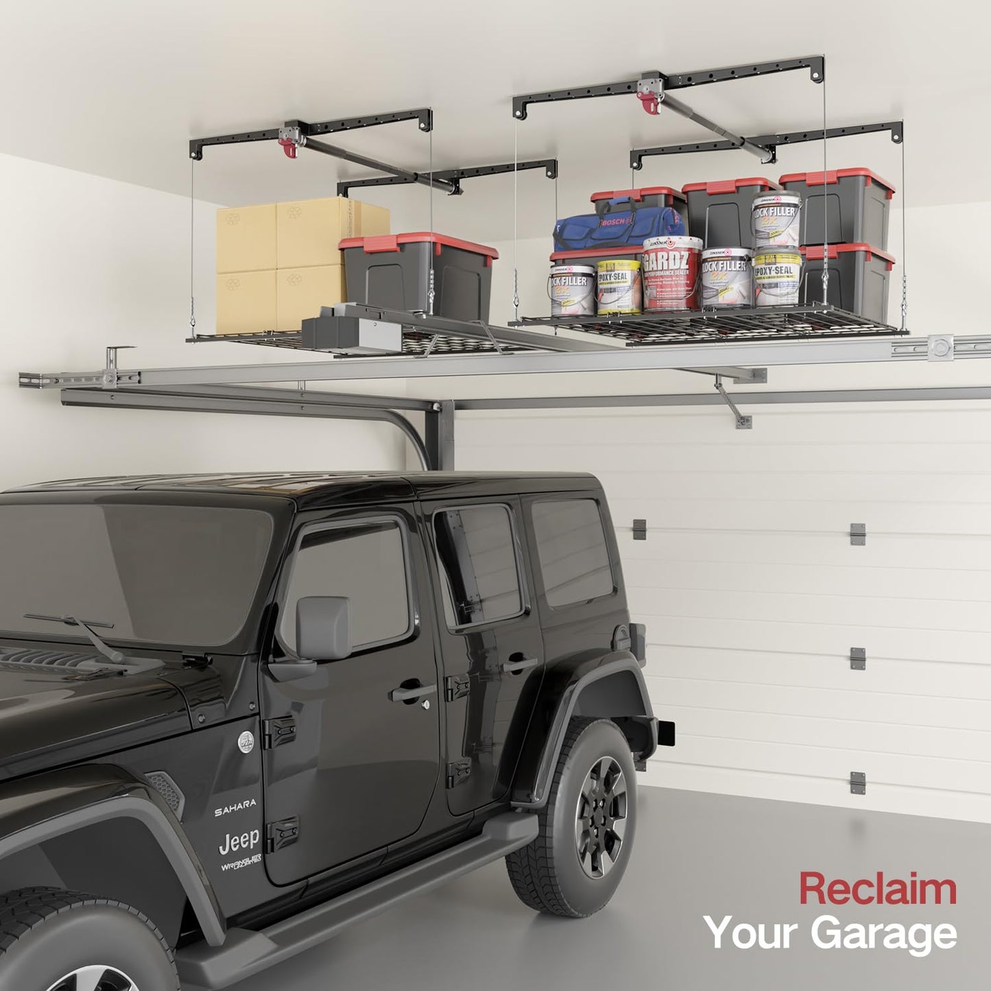 Overhead Garage Storage Rack, Heavy-duty 4x4 Ft Ceiling Storage Racks with Safety Lock, Ideal for Garage Storage Mounted Lift System and Storage Organizer, 250lbs Capacity, Black (10-12 ft Ceiling)