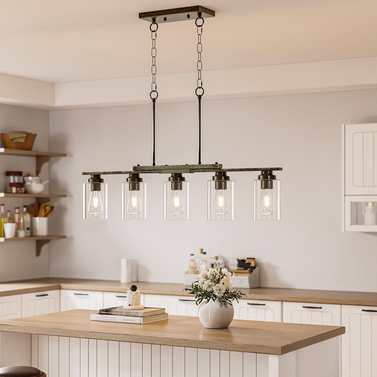 Vonluce Kitchen Island Lighting  5-Light Dining Room Light Fixture Over Table With Glass Shade And Adjustable Rods  Farmhouse Linear Chandelier For Kitchen Living Room  Antique Black  Etl Certificated