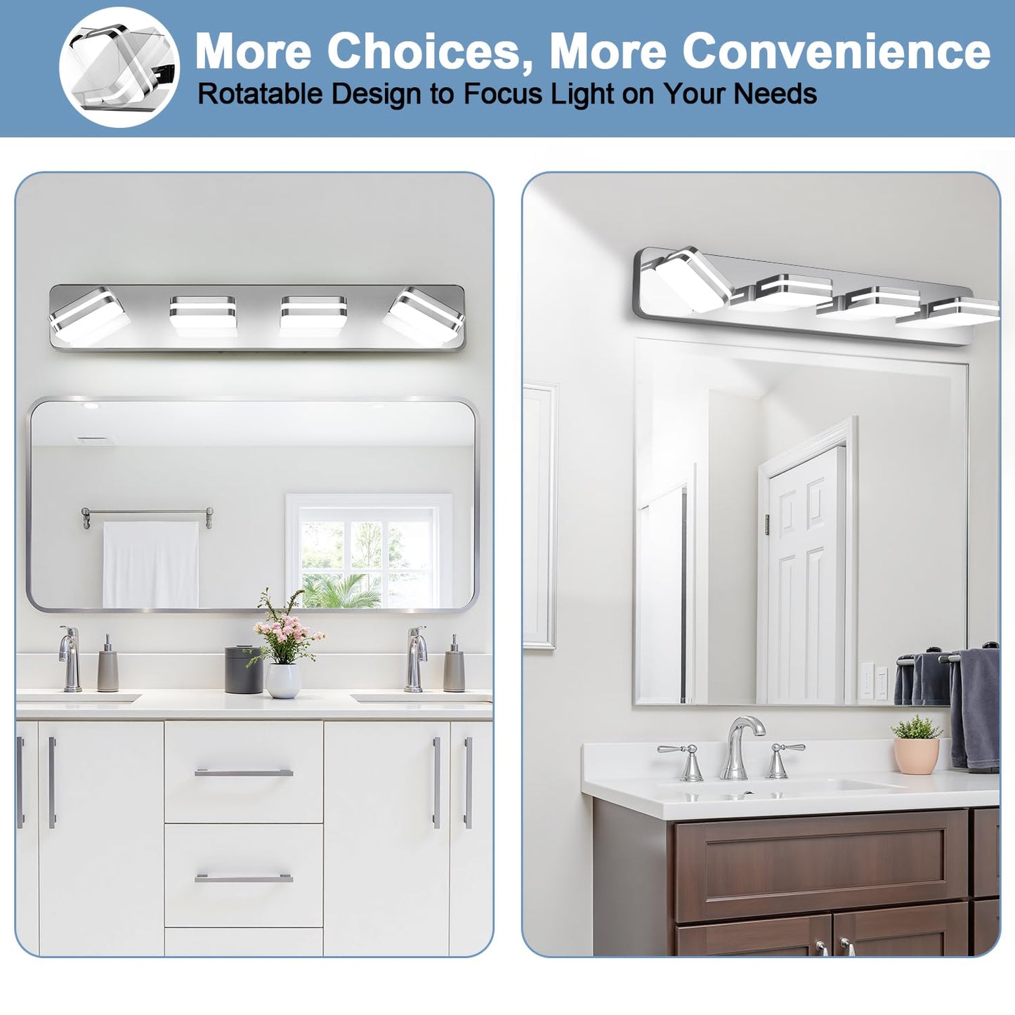 1600Lm Led Modern Bathroom Vanity Light Fixtures  360?Rotate Acrylic Chrome Vanity Lights For Bathroom  Modern Wall Lighting Fixtures Over Mirror Kitchen Living Room (Natural White Light 5000K)