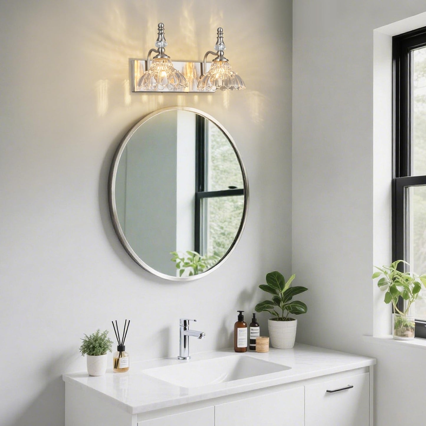 Lbsqj Vintage Bathroom Vanity Light  2-Light Brushed Nickel Vanity Lighting Fixture With Flower Glass Shade  Bathroom Lighting Fixtures Over Mirror