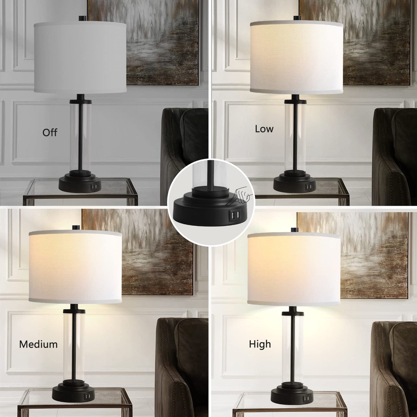QiMH Touch Control Table Lamps Set of 2, 3-Way Dimmable, USB Ports, Modern Nightstand Lamp, Glass & Metal, Black