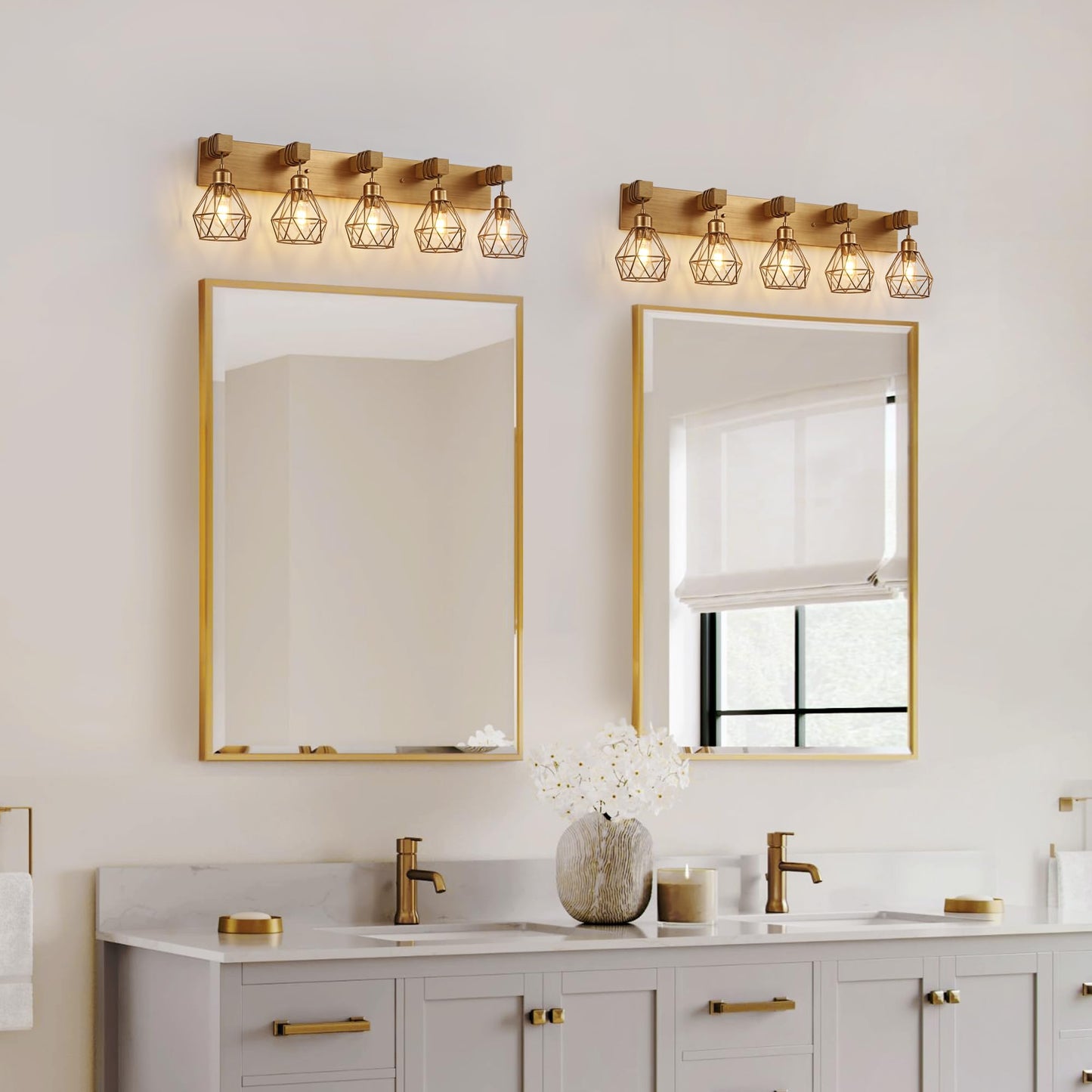 Bathroom Gold Vanity Light Fixtures  5-Light Gold Bathroom Light Fixtures Over Mirror  Sconces Wall Lighting With Elegant Metal Lampshade For Living Room  Bedroom  Hallway