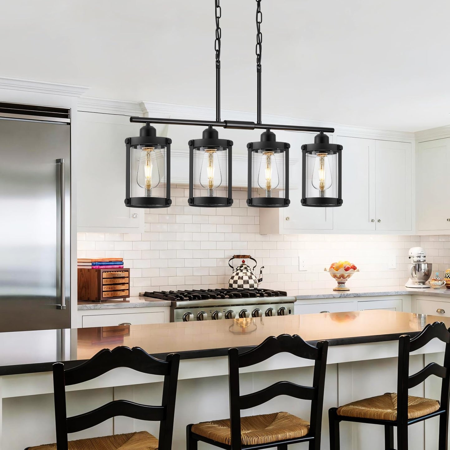 Osimir 4-Light Kitchen Island Lighting  Black Linear Dining Room Light Fixtures With Clear Glass And Chain  Modern Farmhouse Chandelier Pendant Light For Kitchen Island Dining Room  Os-3014-4Isbk