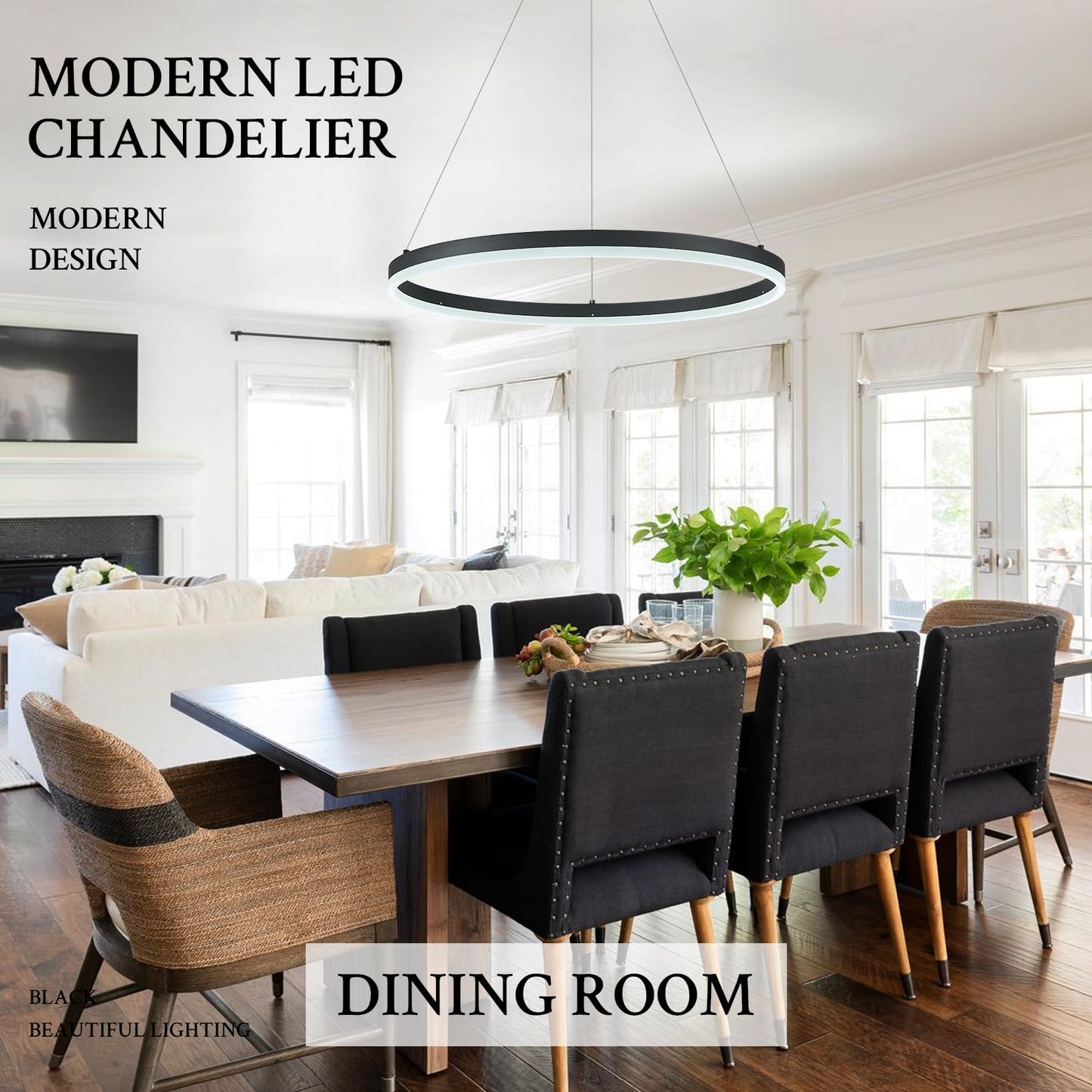 Sparklelf Modern Led Pendant Lighting 24 Ring Chandelier Black Dimmable Led Chandelier For Dining Room 36W Adjustable Pendant Light Fixture For Living Room Bedroom Home Office Foyer  3000-6500K
