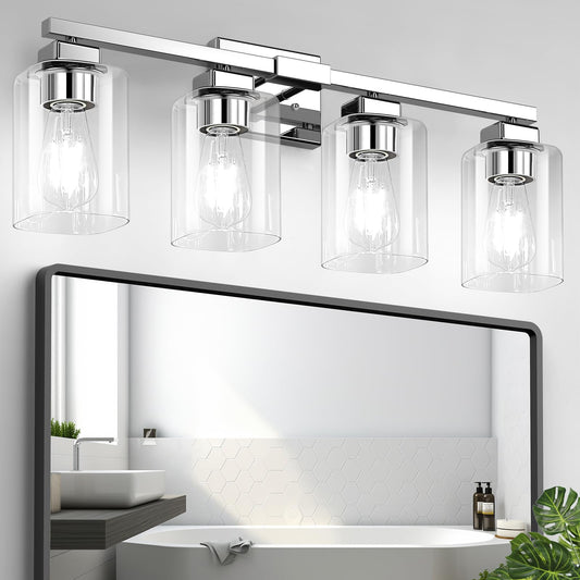 Beslowe 4-Light Bathroom Light Fixtures  Modern Chrome Bathroom Vanity Light  Bathroom Lighting Fixtures Over Mirror  Matte Chrome Bathrom Wall Lamp  Wall Lights For Living Room Bedroom Hallway