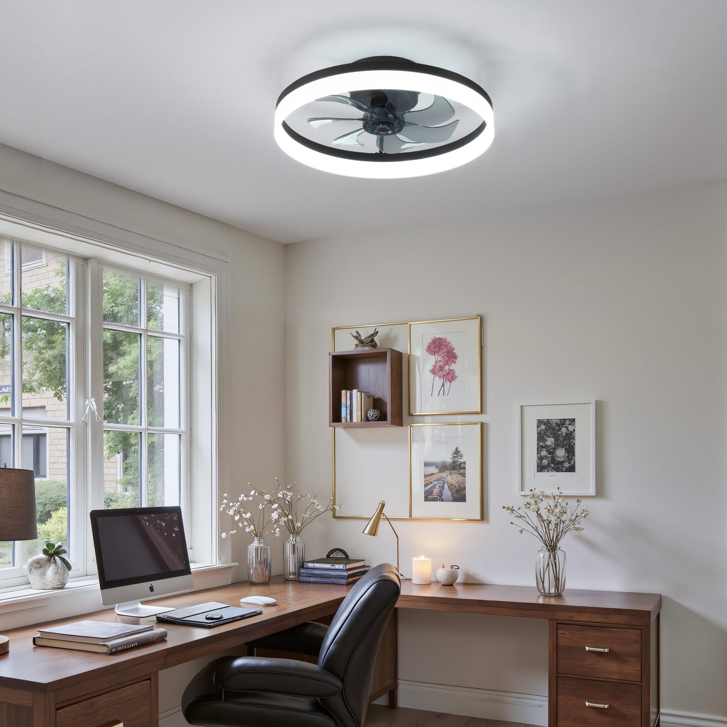 Pusu 15.8 Low Profile Led Ceiling Fans With Light  Reversible Flush Mount With Remote And 6 Winds Speeds Fan Lighting  3 Colors Dimmable For Bedroom  Garage  Kids  Dinning Room  Kitchen (Black)