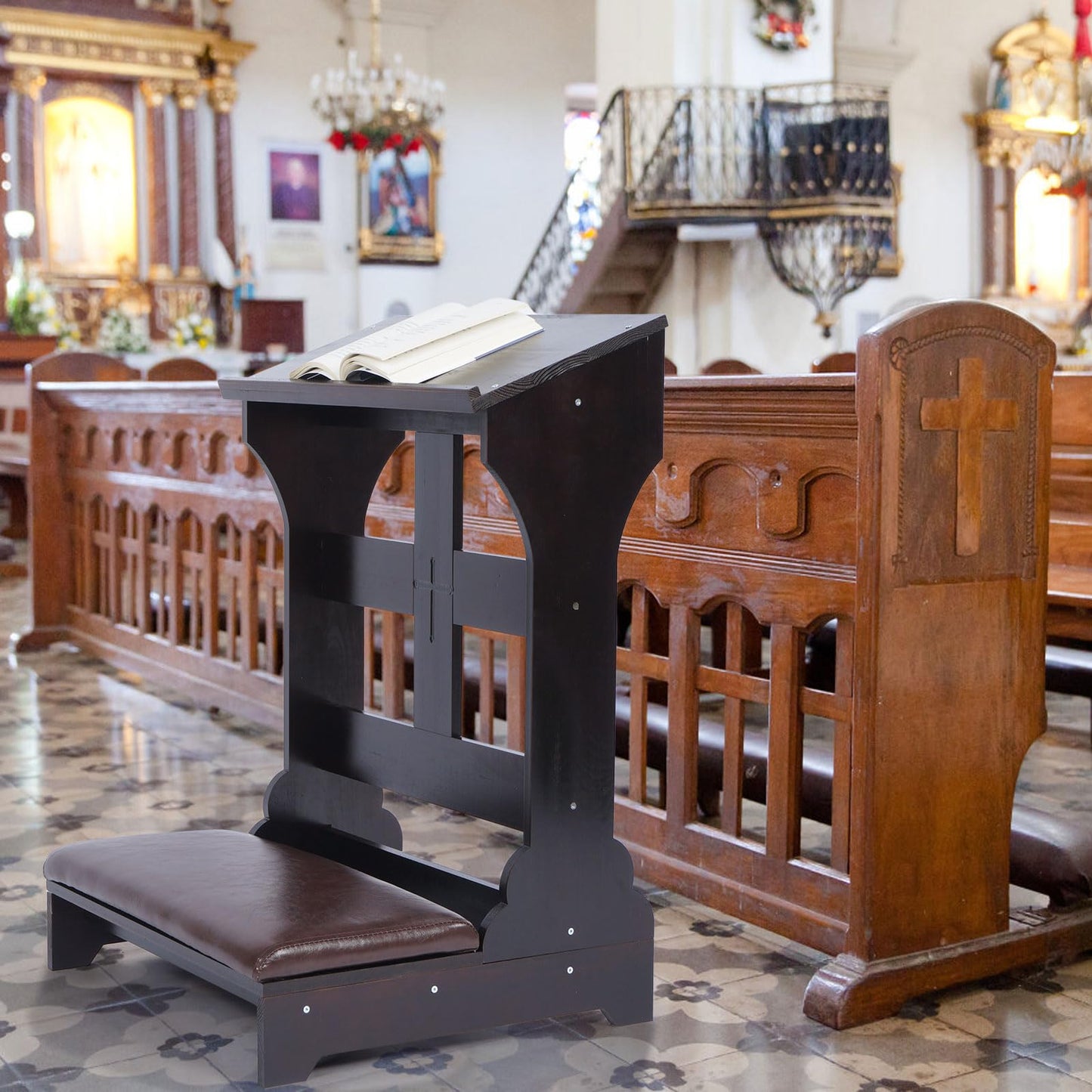 lukar Prayer Kneeler Bench, Wooden Kneelers for Praying with Cushion Pad, Prayer Bench Stool for Kneeling at Home, Kneeling Chair Shelf for Church Prayer Bench Table with Shelf