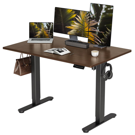 INNOVAR Solid Wood Electric Standing Desk, 48x24 Inches Adjustable Height Stand up Desk with Whole Piece Desktop, Sit Stand Home Office Desk Black Frame/Espresso Top