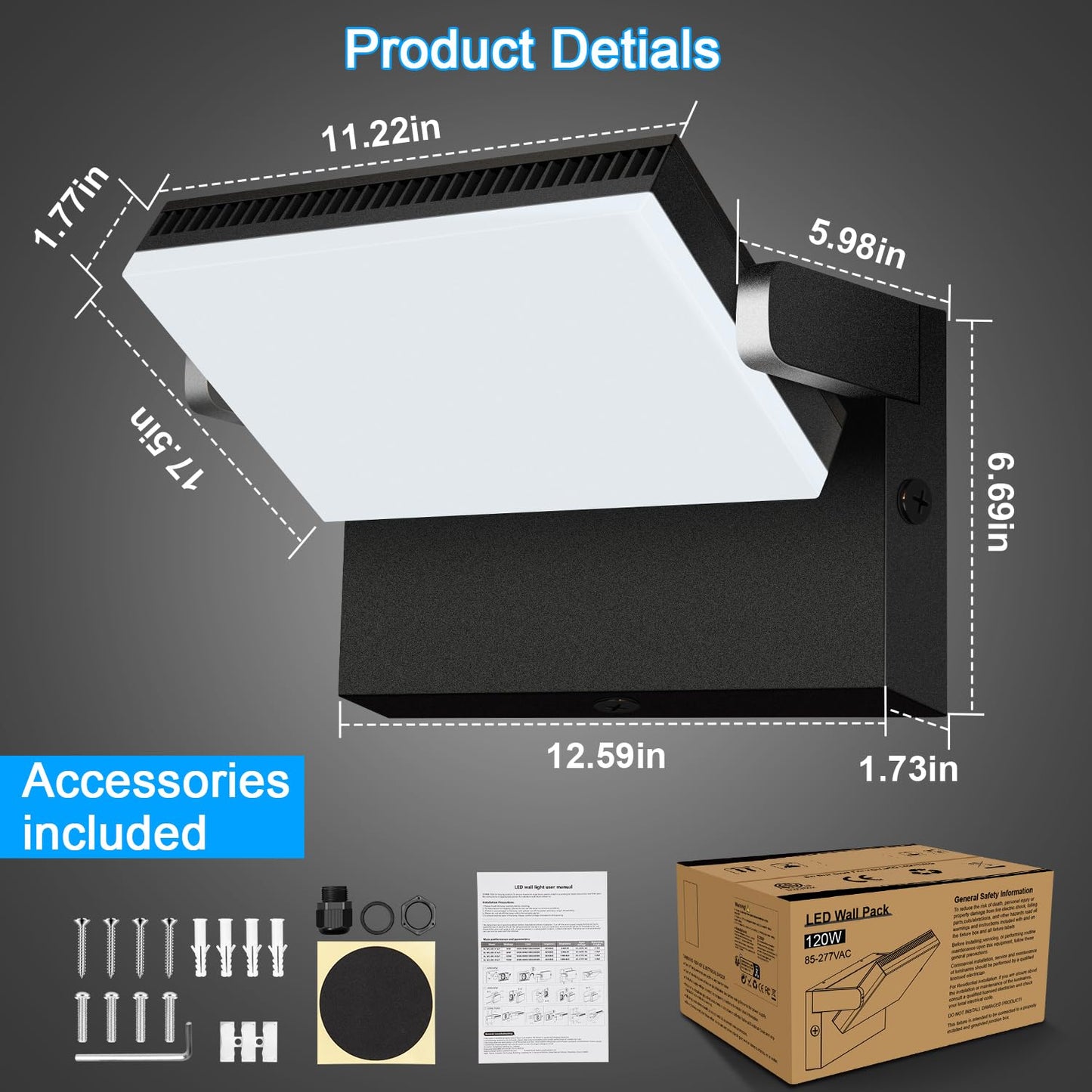 Biritalo Modern Sleek Flood Lights Outdoor 120W  14200Lm 5000K Waterproof Led Security Lighting  360 Rotatable Commercial Wall Pack For Yard  Car Lot  Building