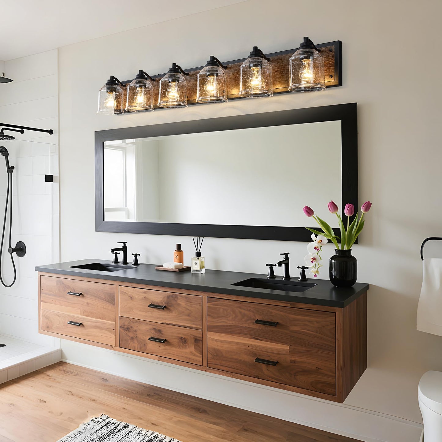 Yklitg Vanity Lights For Bathroom Large 48 Inch  Farmhouse Rustic Vanity Light With Bubble Glass Shades  Brown 6 Light Bathroom Lighting Fixtures Over Mirror  Bath Wall Sconce Home Decor