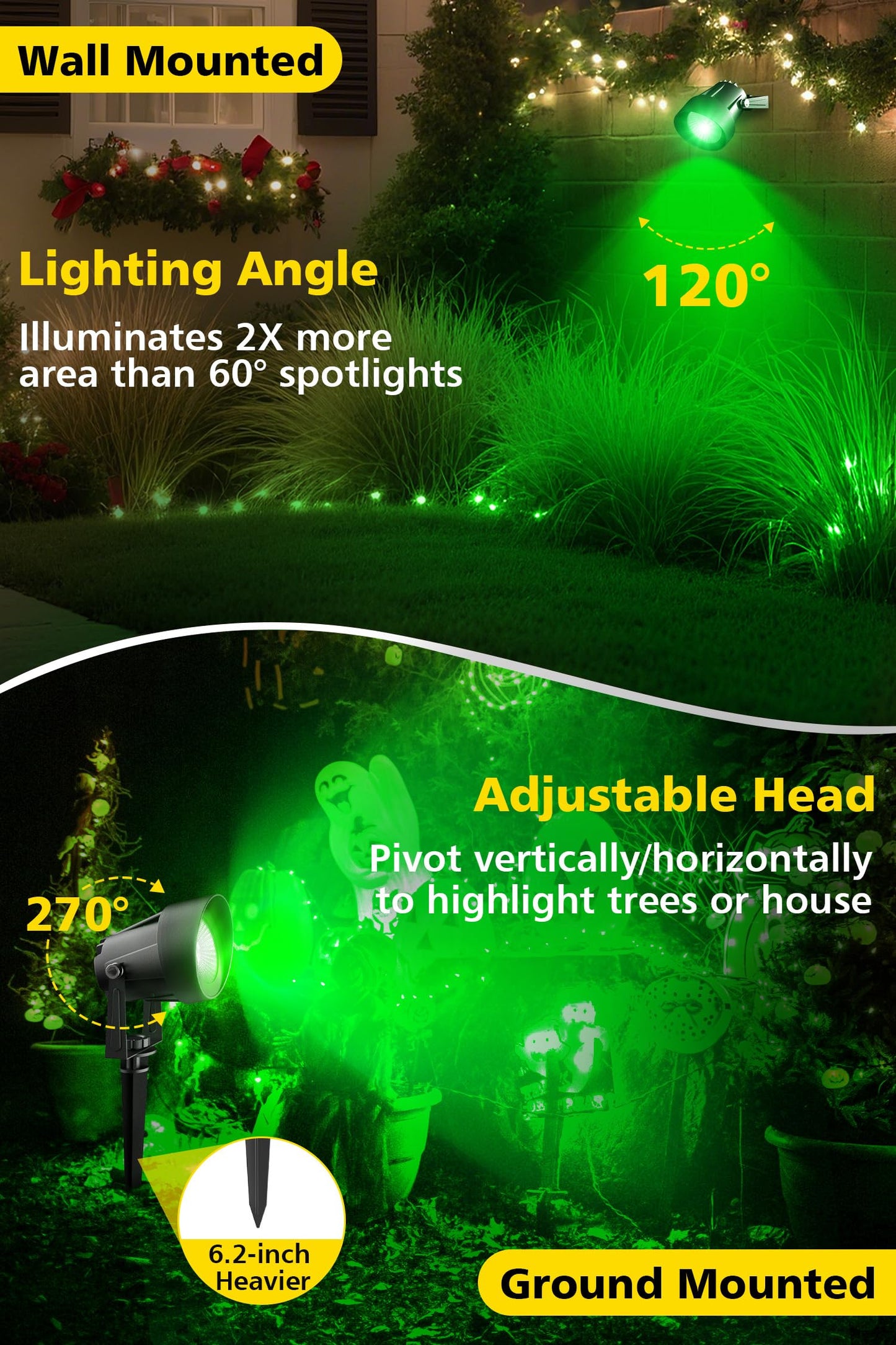 T-Sun Christmas Green Spotlight Outdoor  Waterproof Led Landscape Lighting With Us Plug  Easy Install 270?Adjustable Outdoor Spot Lights For Garden Tree Yard Decor