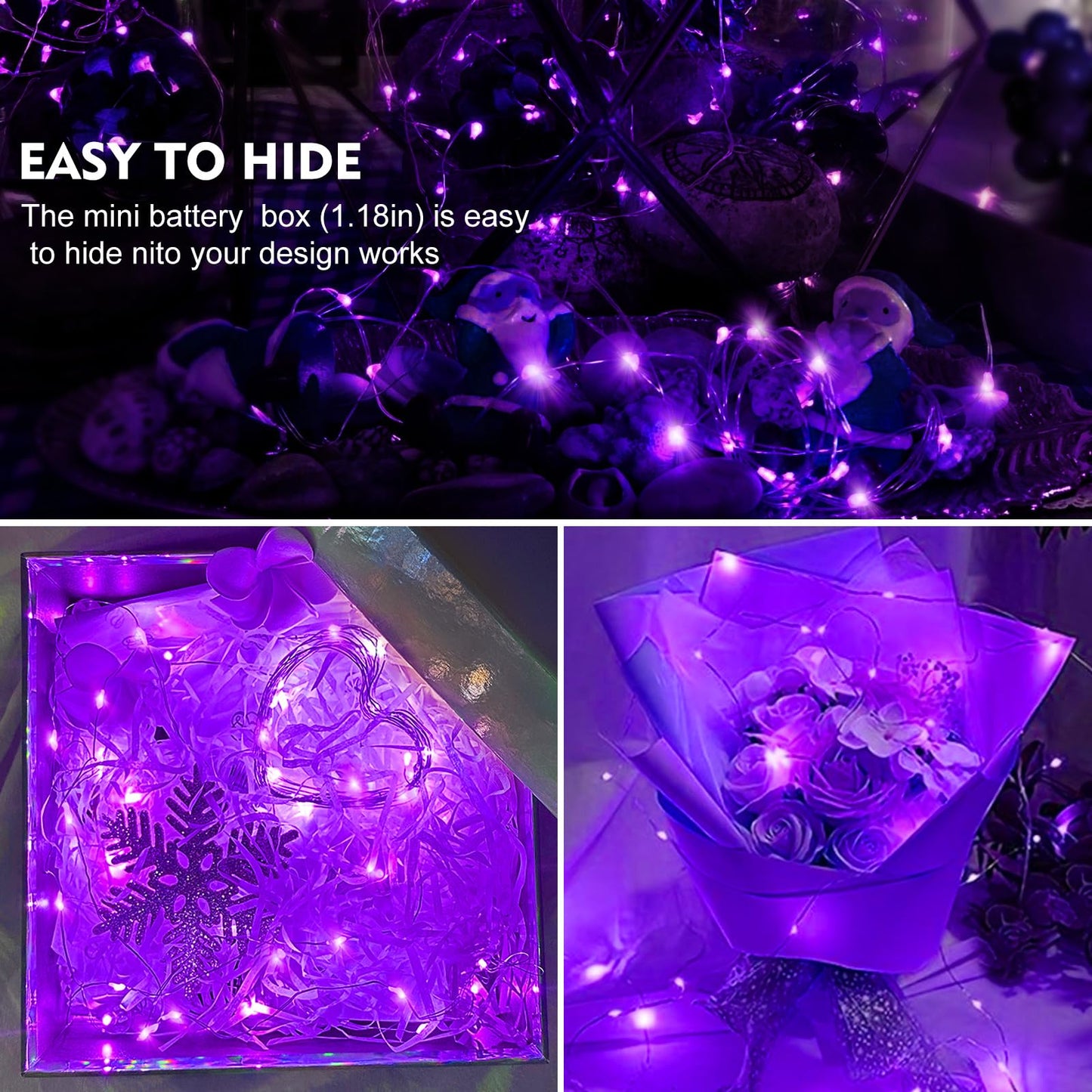 Aikei 100 Pack Led Fairy Lights Battery Operated  Fairy String Lights 3 Modes Waterproof 7 Feet 20 Led Firefly Starry Lighting For Wedding Party Bedroom Garden Christmas Decoration Purple