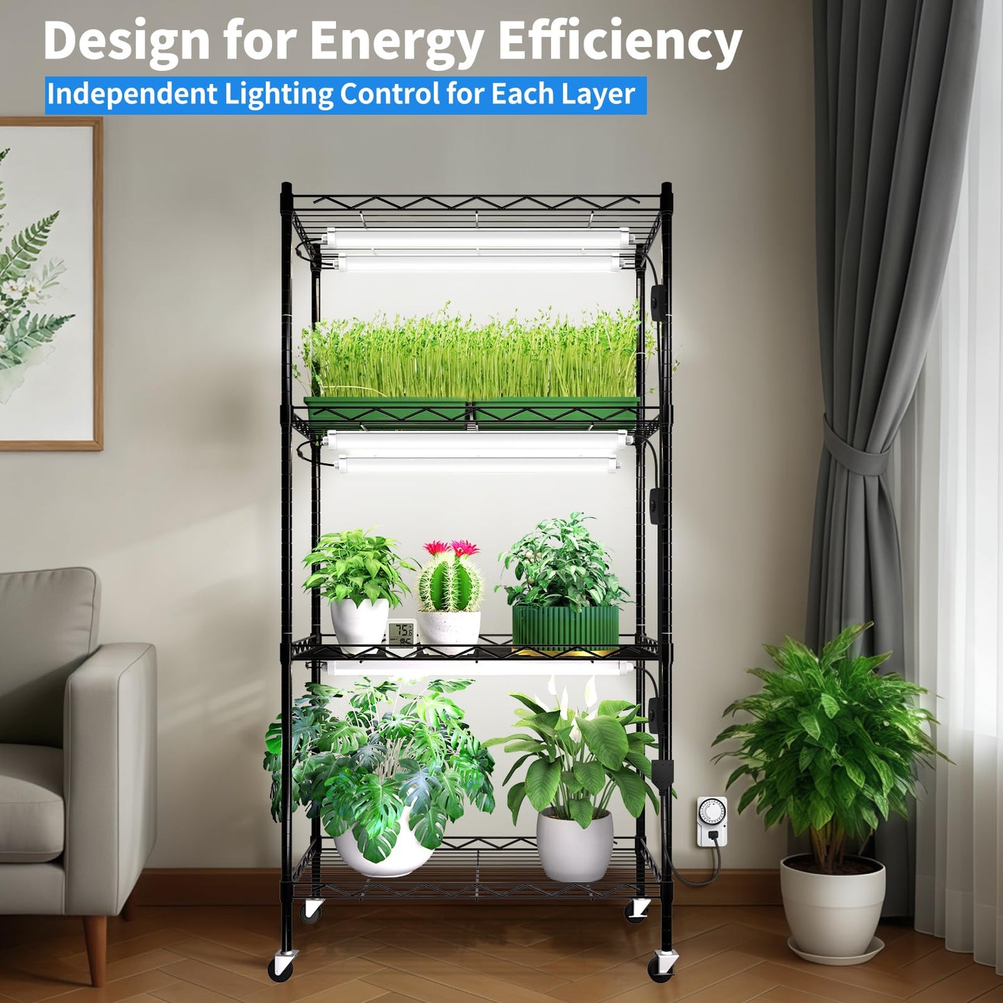 Jesled Indoor Greenhouse With Grow Light  2Ft Full Spectrum 5000K Led Light For Seed Starting  Tiered Lighting Control  Built-In Timer & Thermo-Hygrometer  Rolling Metal Plant Stand (23.6X13.8X59In)