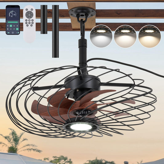 Osgner 20 Outdoor Ceiling Fan With Light  Waterproof Gazebo Fan Remote Control  Dimmable Led Light  Hanging Black Caged Ceiling Fixtures With Plug In Cord For Patios Pergola