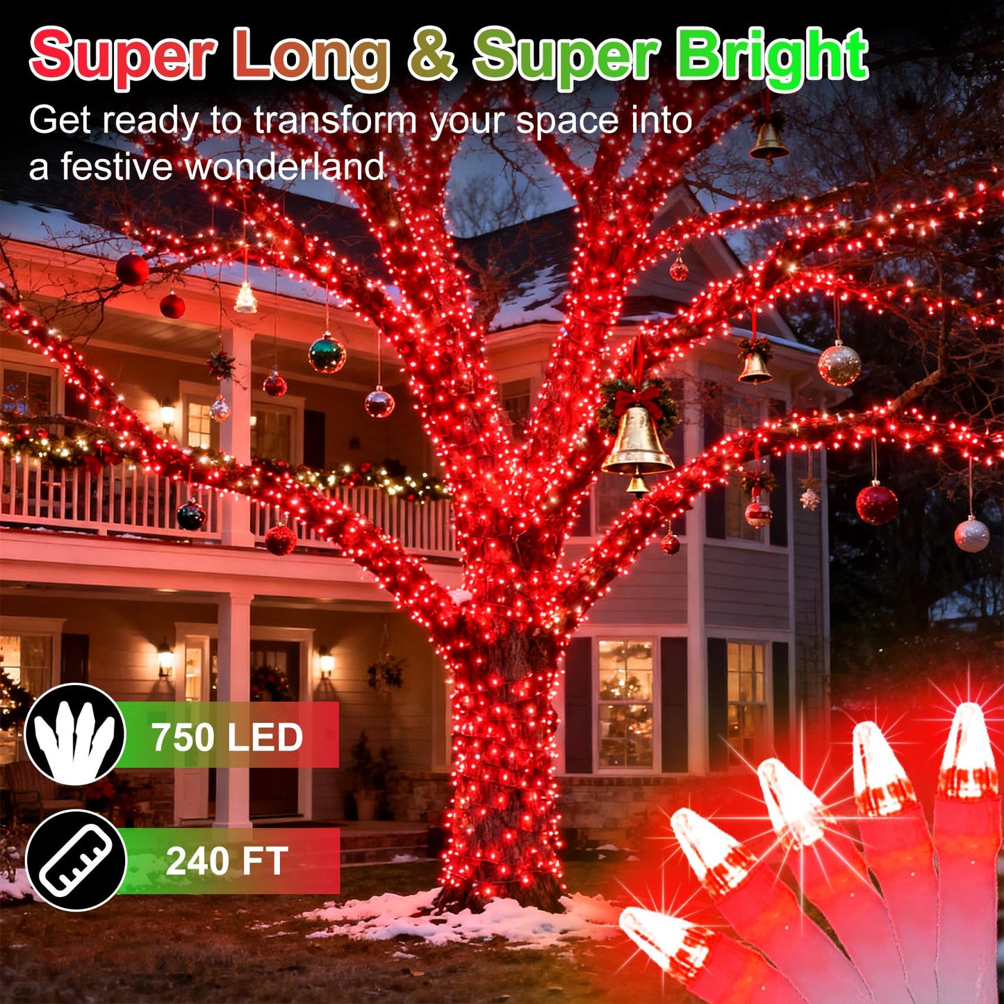 750 Led 240Ft Christmas String Lights Outdoor  12 Pro Modes And Timer Memory & Brightness  Plug In Outdoor Waterproof Clear Wire Twinkle Light For For Xmas Yard Tree Wedding Party Decor (Red)