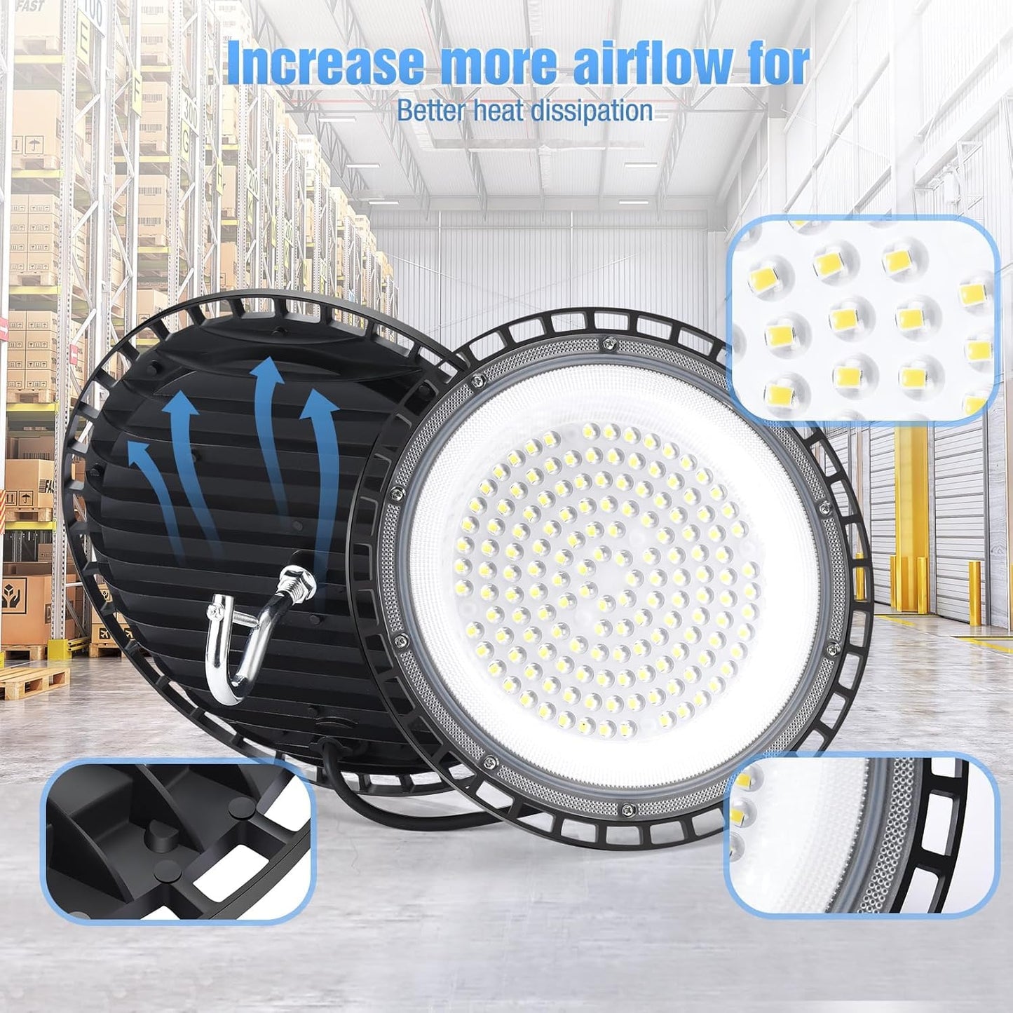 Yanycn 300W Ufo Led High Bay Light 120Vac 5000K Daylight Commercial Shop Bay Lighting Fixture 45000Lm [1300W Mh/Hps Equiv.] Us Plug Area Lighting For Warehouse/Barn/Gym/Factory/Workshop
