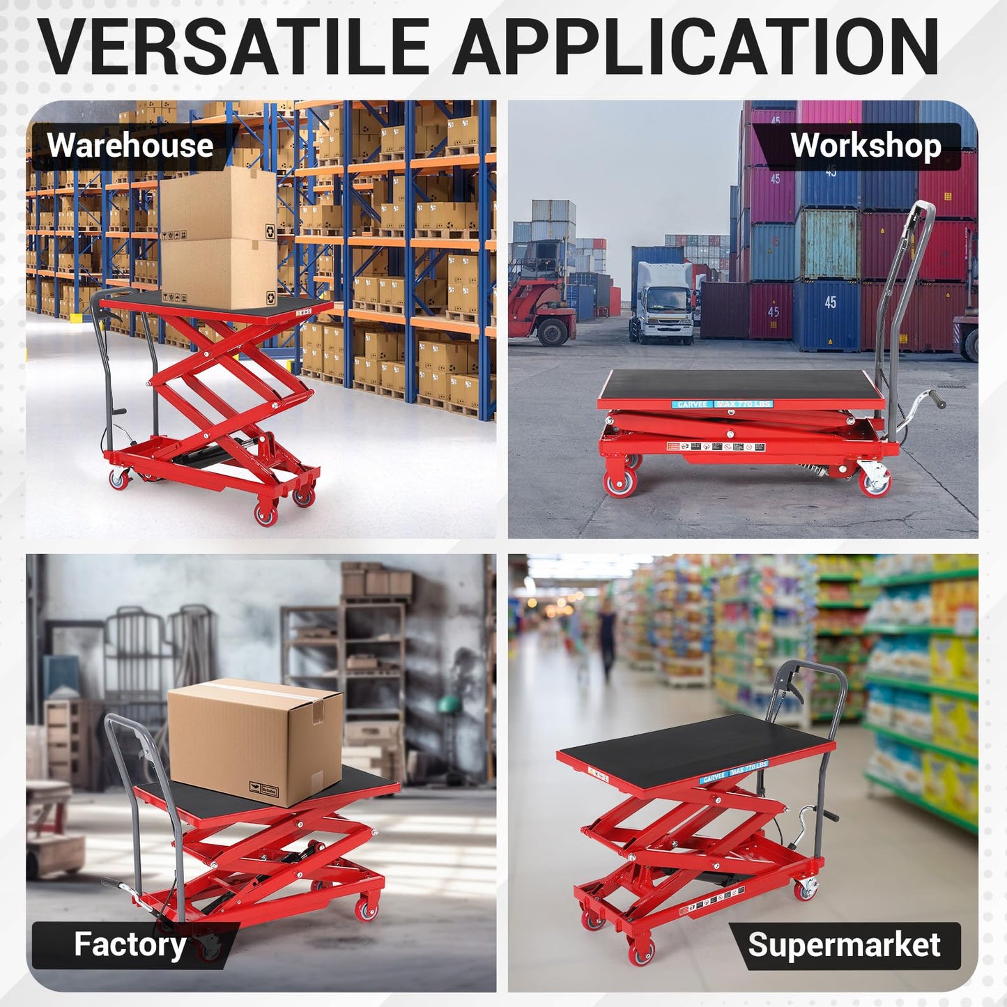 Hydraulic Lift Table Cart, 330lbs Capacity 50" Lifting Height Hydraulic Table Cart, Double Scissor Lift Table with Non-Slip Pad for Material Handling and Transportation, Red