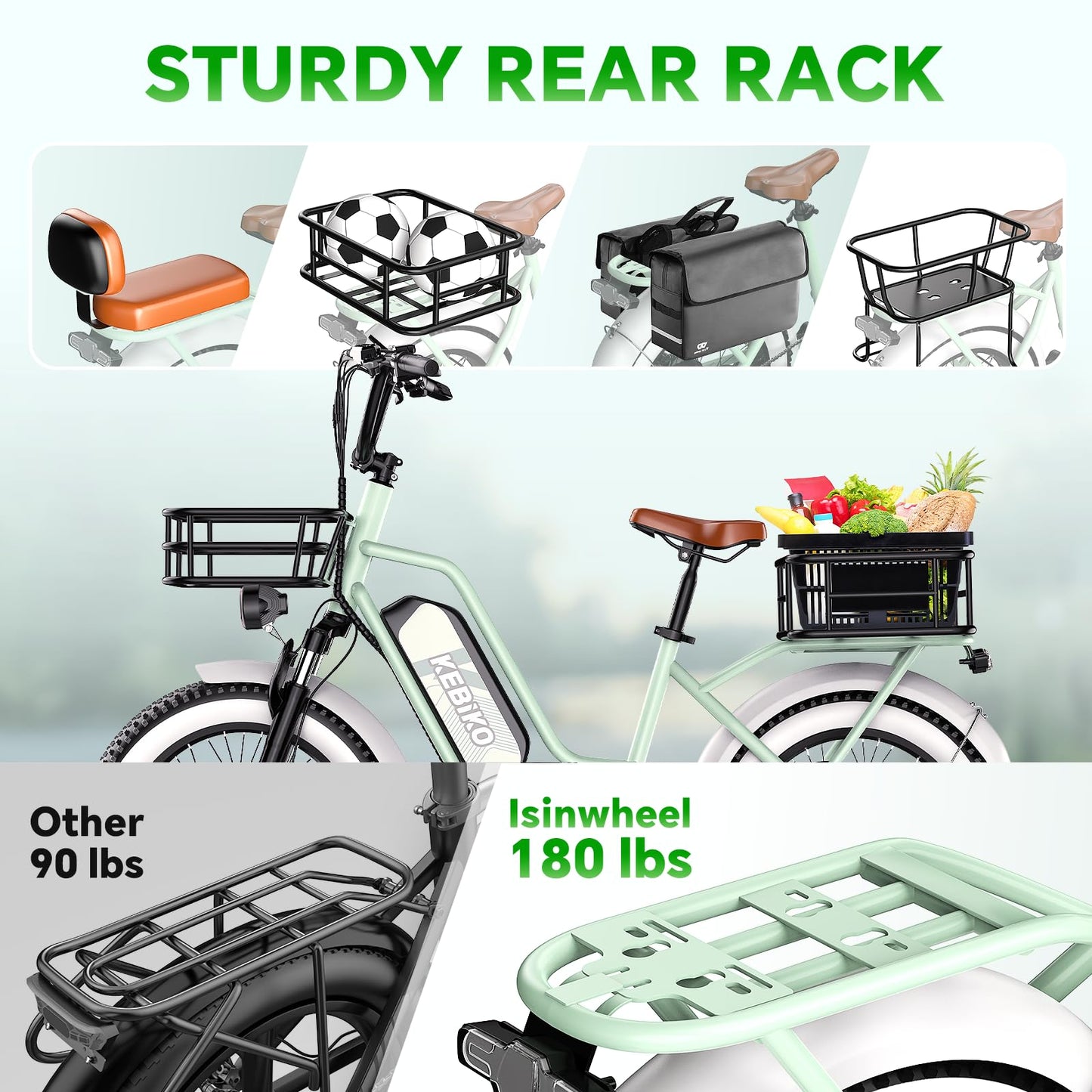 2 Seater Electric Bike, 1300W Peak (750W) Motor Ebike, 48V 20AH Removable Battery, 20"x 4.0" Fat Tire Electric Bike, Commuter Electric Bicycle for Adults,with Folding Basket, Green