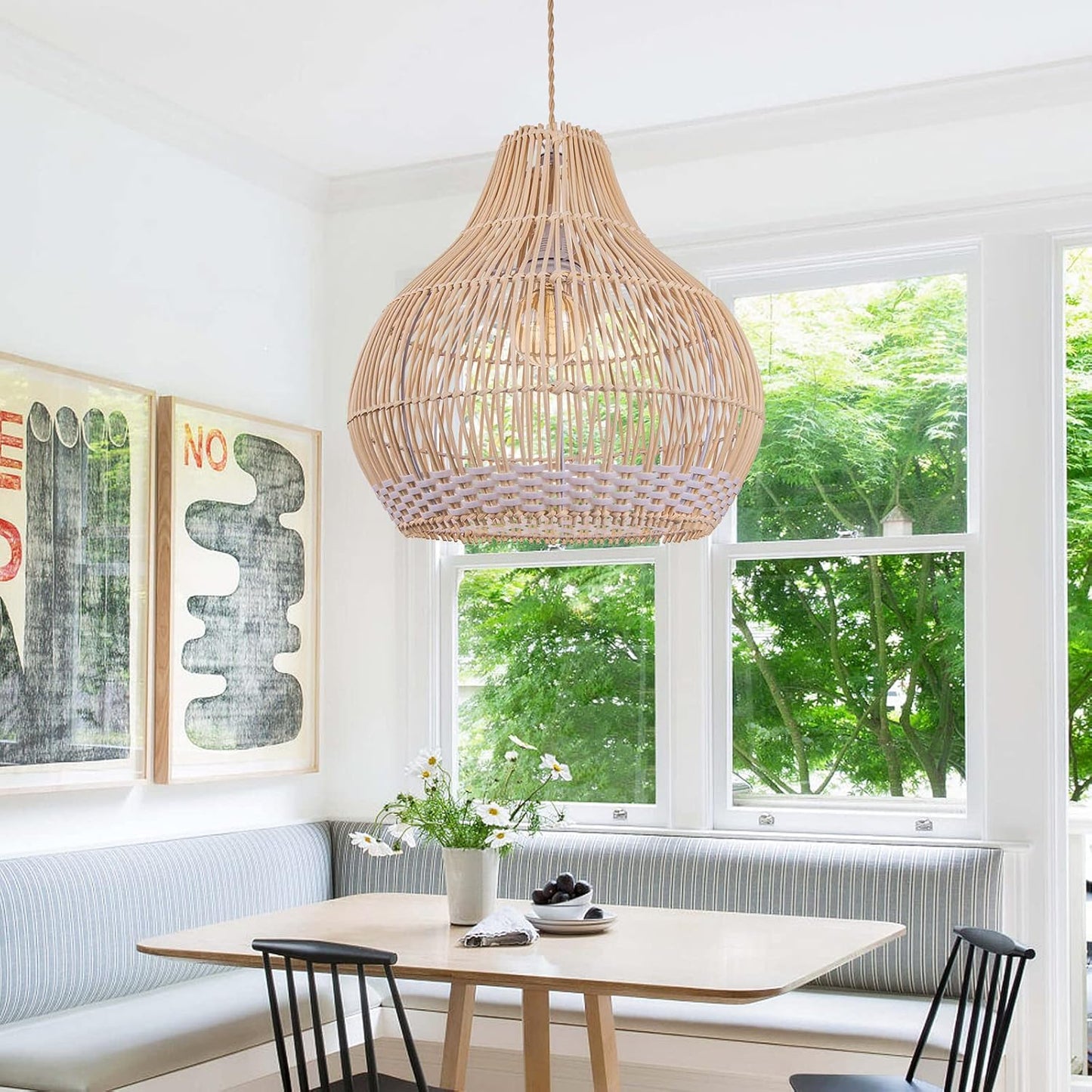 Arturesthome 1 Light Coastal Rattan Pendant Light for Kitchen Island White,Wicker Chandelier,Handmade Woven Hanging Ceiling Lighting Fixtures Lampshade for Living Room Bedroom