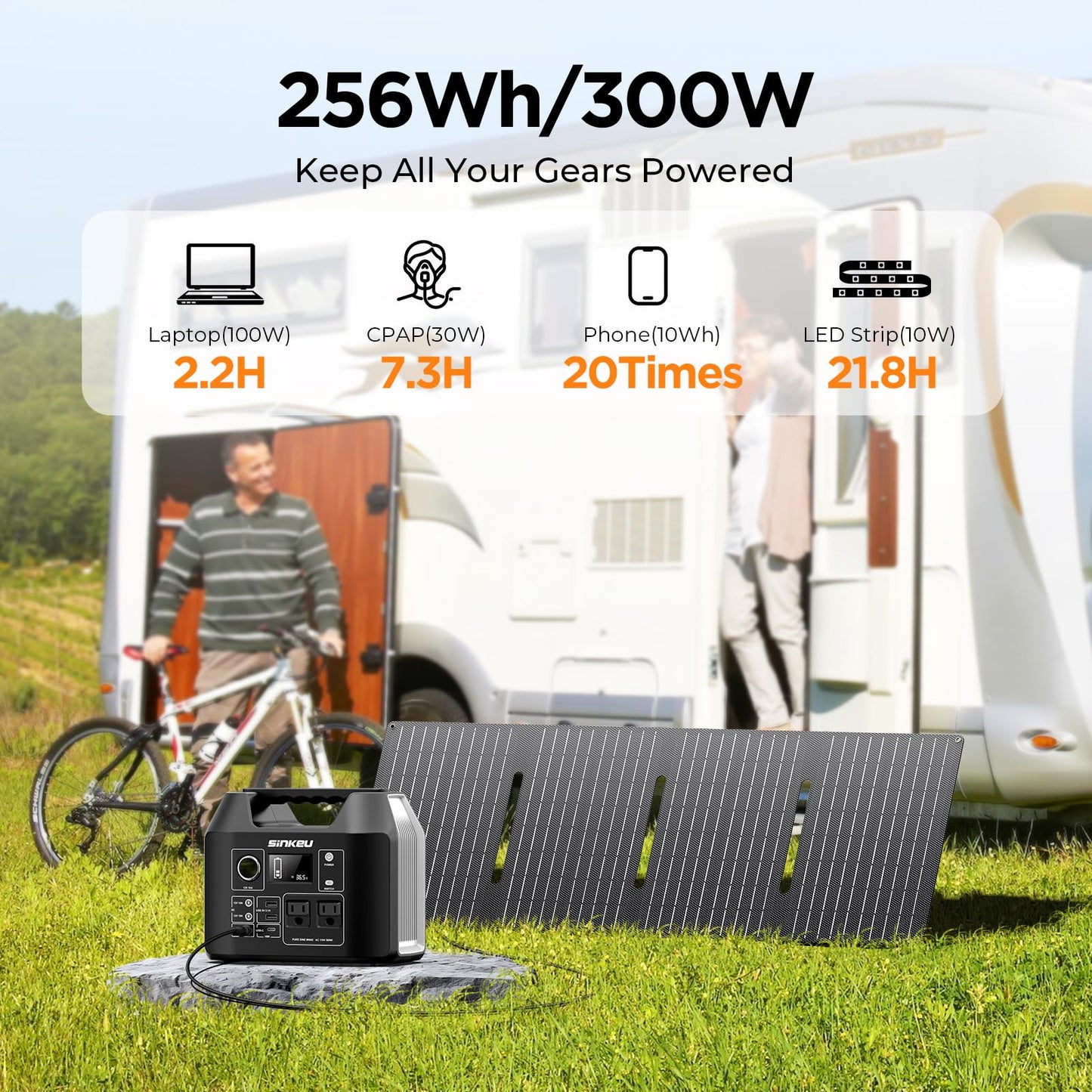 SinKeu Portable Power Station 300W with 40W Solar Panel,256Wh Solar Generator LiFePO4 Battery with USB DC AC Outlet for Outdoor,Off-Grid Living,RV,Emergency