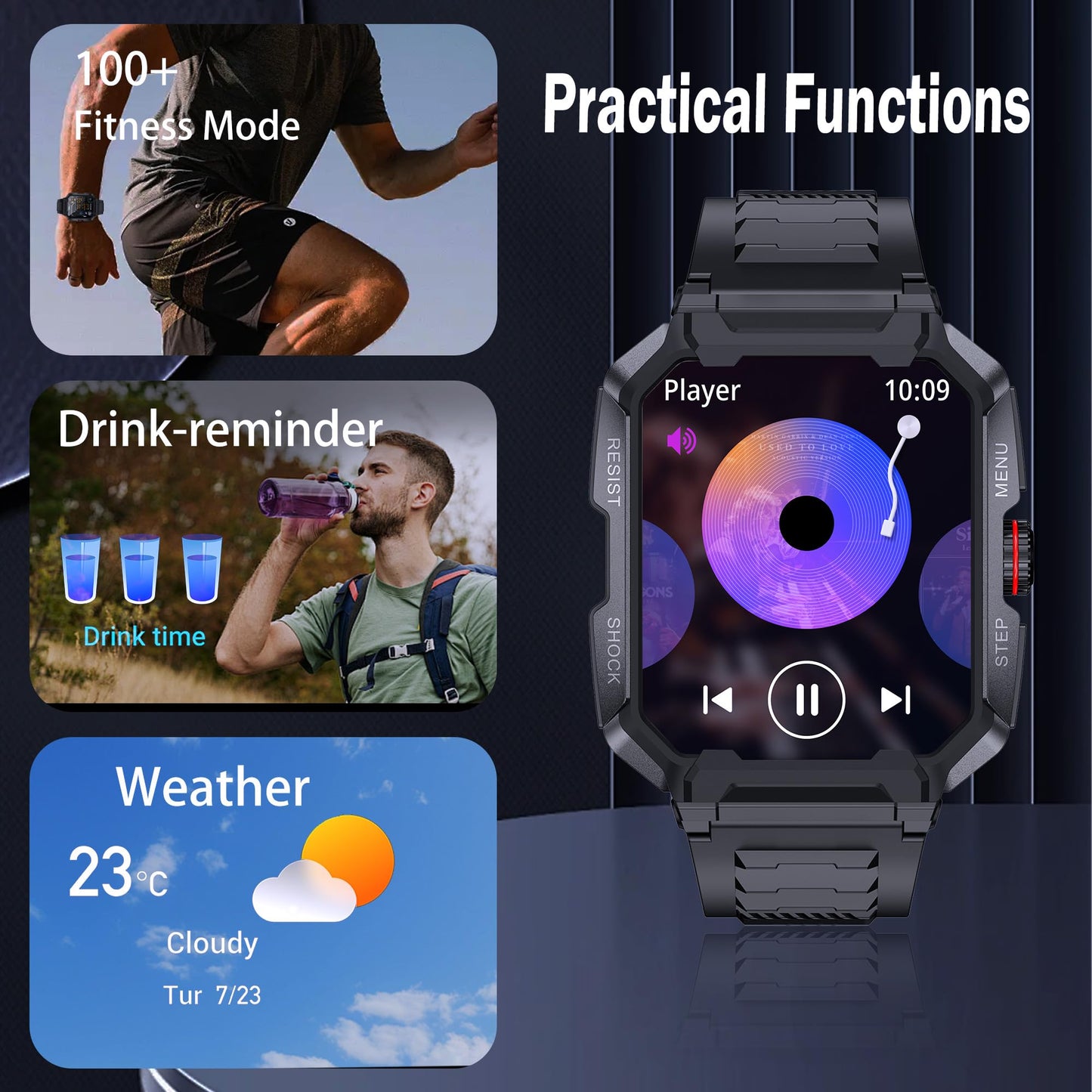 Rugged Smart Watch (Answer/Make Calls)Waterproof Smartwatches For Men Outdoor 1.85 Sports Fitness Tracker For Men With Heart Rat