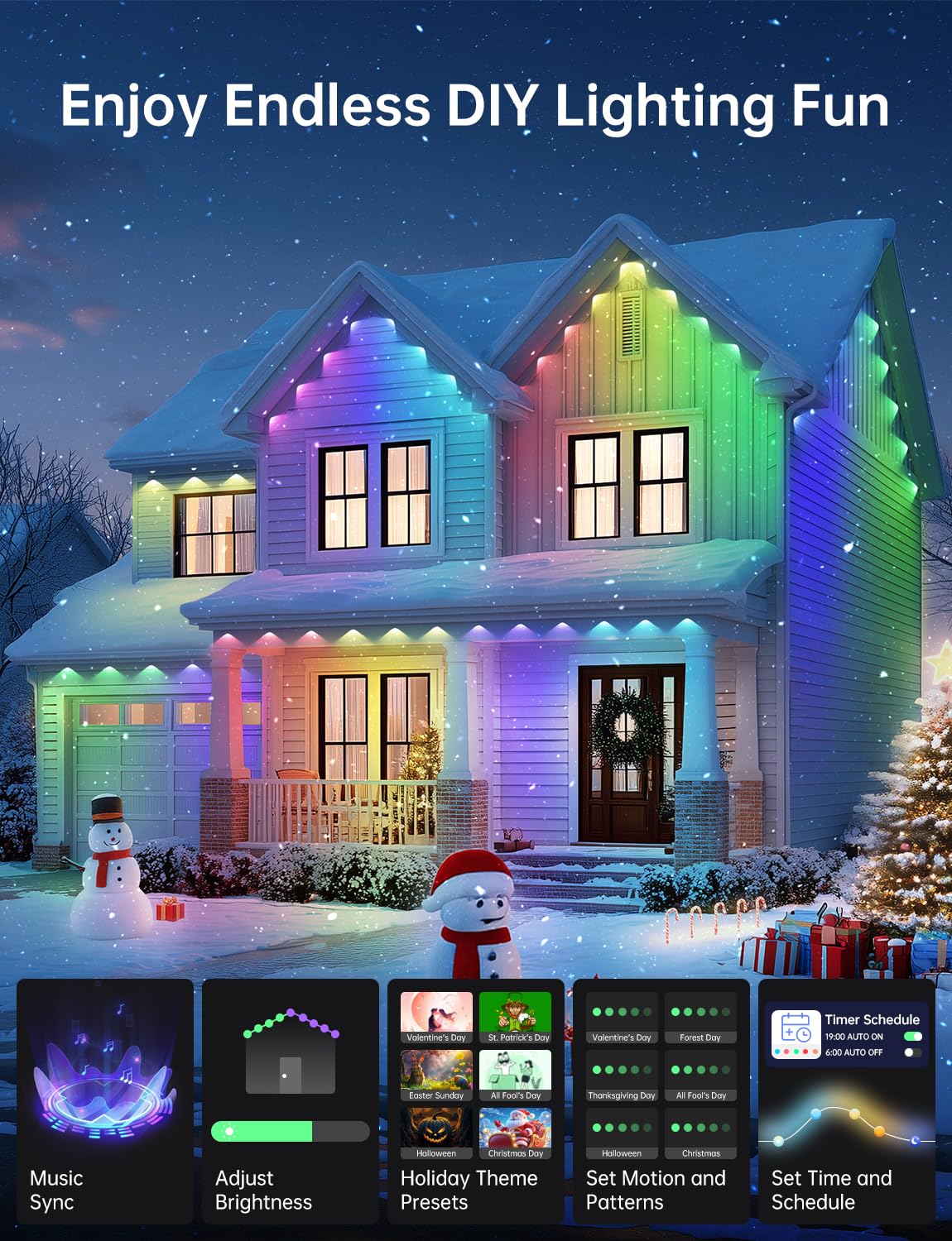 Lemonlovely Permanent Outdoor Lights Pro 100Ft With 50 Smart Ic+Rgbcw Christmas Halloween House Lights With Warm/Cool/Nature White Leds  Ip67 Waterproof For Holiday Daily Decor Accent Lighting