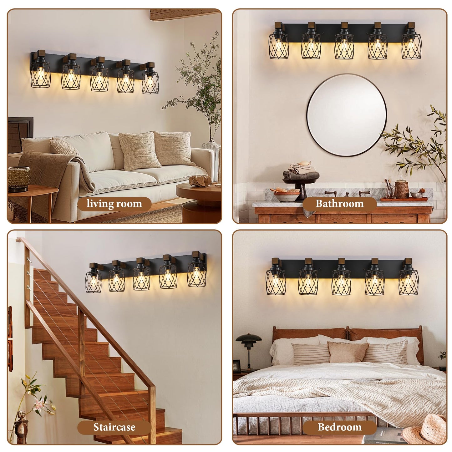 Xvmbvm Farmhouse Bathroom Vanity Light  5-Light Wood Bathroom Light Fixtures Over Mirror  Black Industrial Vanity Lights With Metal Shade  Rustic Bathrooms Lighting For Living Room  Bedrooms  Hallway