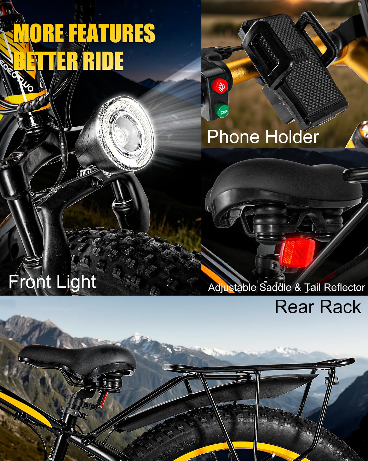 EOEOTWO Electric Bike for Adults,1500W Peak Motor E Bikes, 26" Fat Tire Electric Bicycle, 30/33 MPH 60/70 Miles All Terrain E Bikes E Bike, Removable Battery, Dual Brake, 7 Speed, Yellow ﻿ ﻿