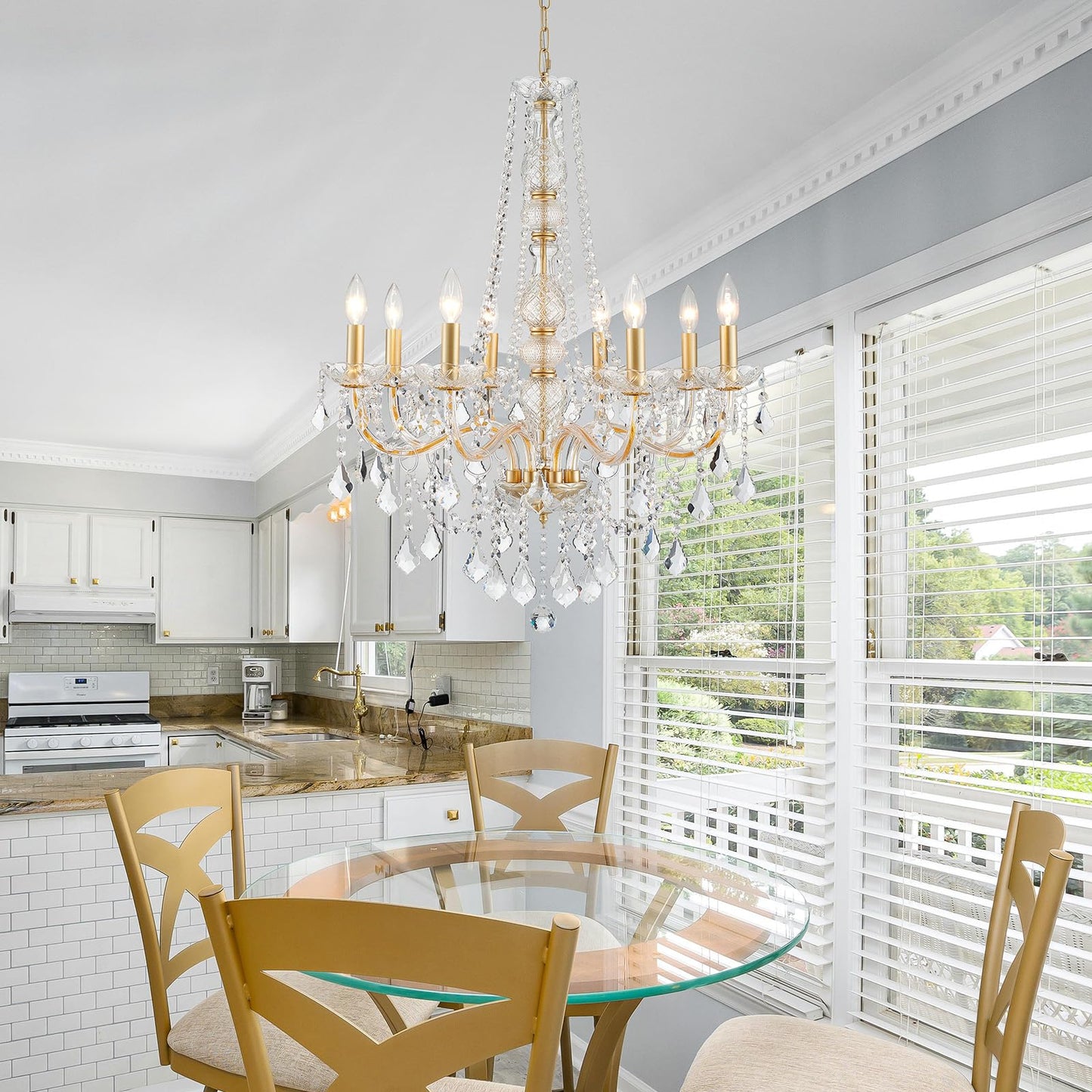 Wuzups 8-Light Crystal Candle Chandelier Pendant Ceiling Light Modern Lighting Fixture For Bedroom Hallway Bar Kitchen Bathroom  H 35.4 W 27.6  E12 Base  Gold