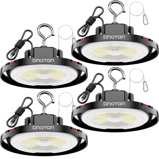 Cinoton 100W Ufo Led High Bay Light  Aluminum Led Shop Lights With 15000Lm  5000K Commercial Bay Lighting For Warehouse Garage Workshop Factory Hall  6  Cable & Safety Rope  Etl Listed 4 Pack