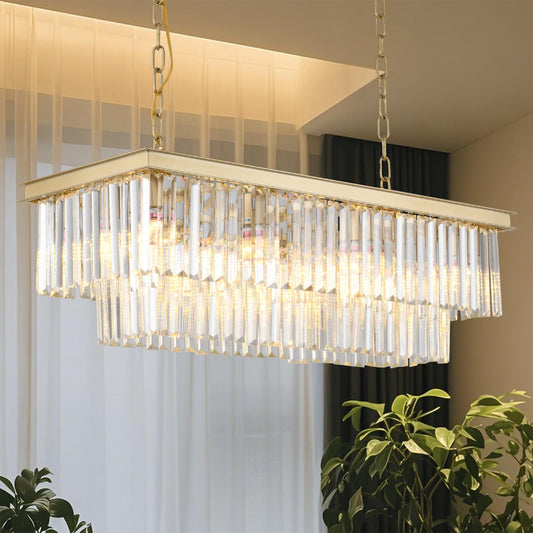 Laiuetai Gold Rectangular Chandelier 31.5 Inch - 8-Light stylish Modern Crystal Pendant Height-Adjustable Lighting Fixture For Dining Room  Kitchen Island & Bar - enhanced K9 Crystals(Gold  L-31.5)