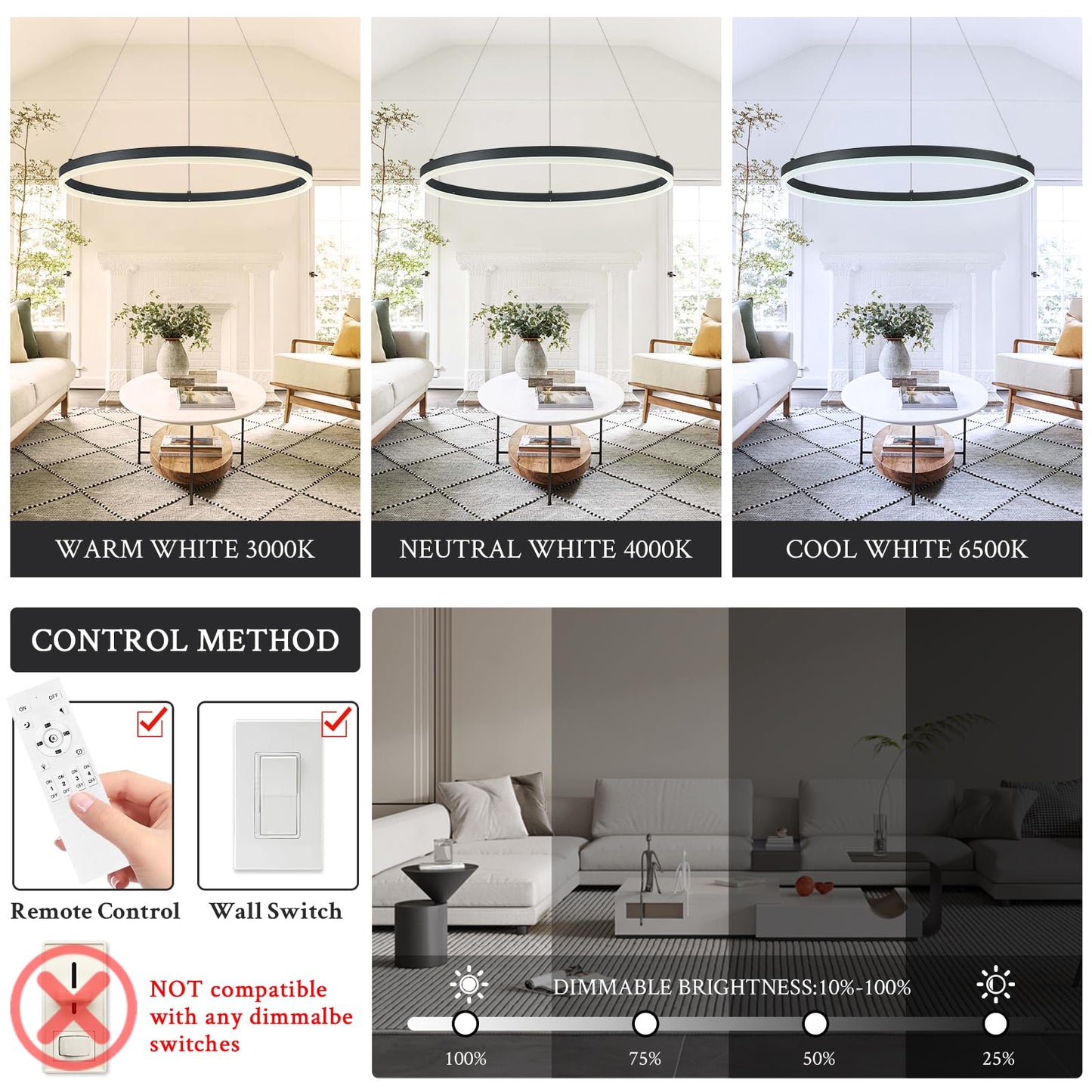 Sparklelf Modern Led Pendant Lighting 24 Ring Chandelier Black Dimmable Led Chandelier For Dining Room 36W Adjustable Pendant Light Fixture For Living Room Bedroom Home Office Foyer  3000-6500K