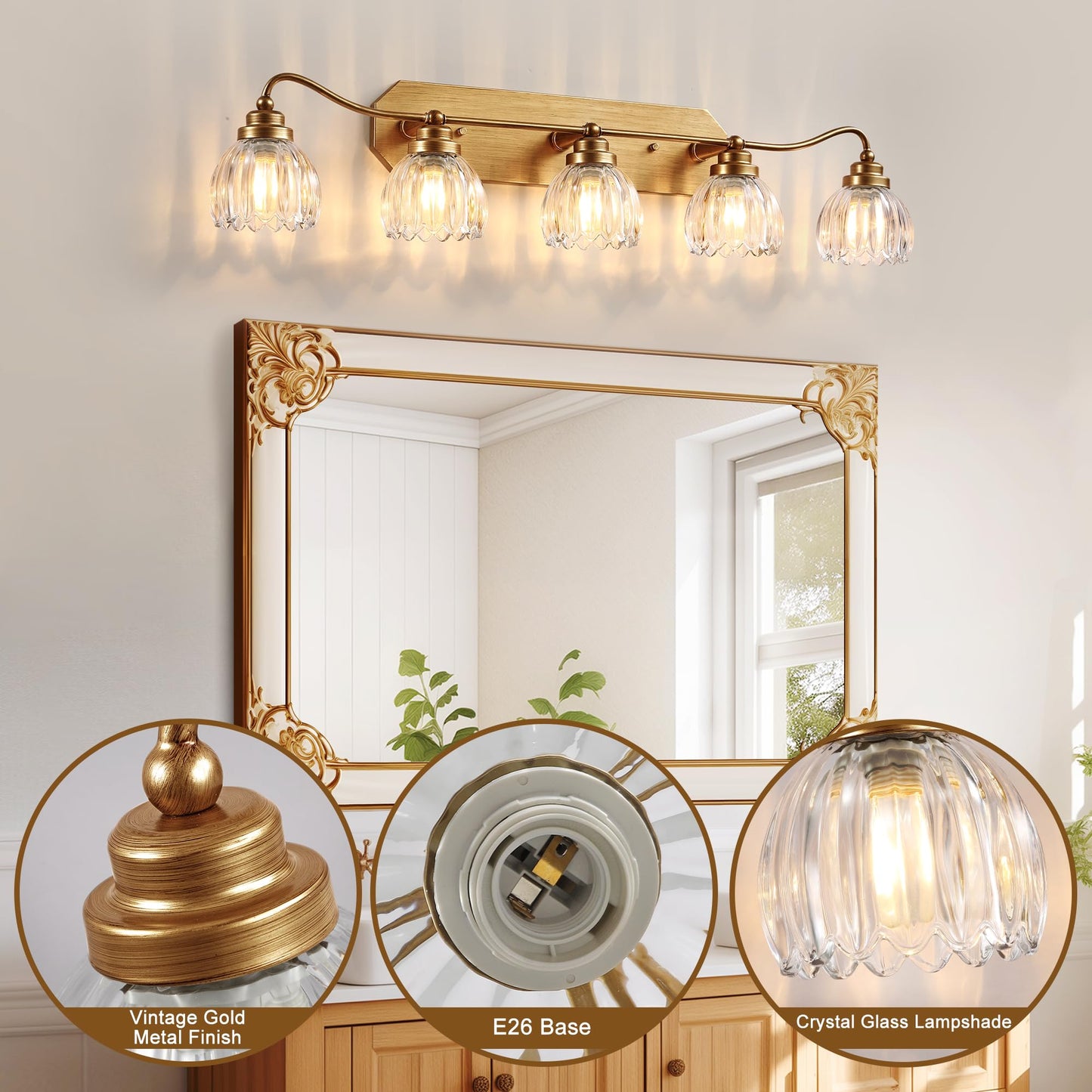 Vintage Bathroom Light Fixtures  5 Light Gold Bathroom Vanity Light  Matte Antique Brass Finish With Crystal Glass Shade  Wall Sconces Lighting For Bedroom  Living Room  Hallway