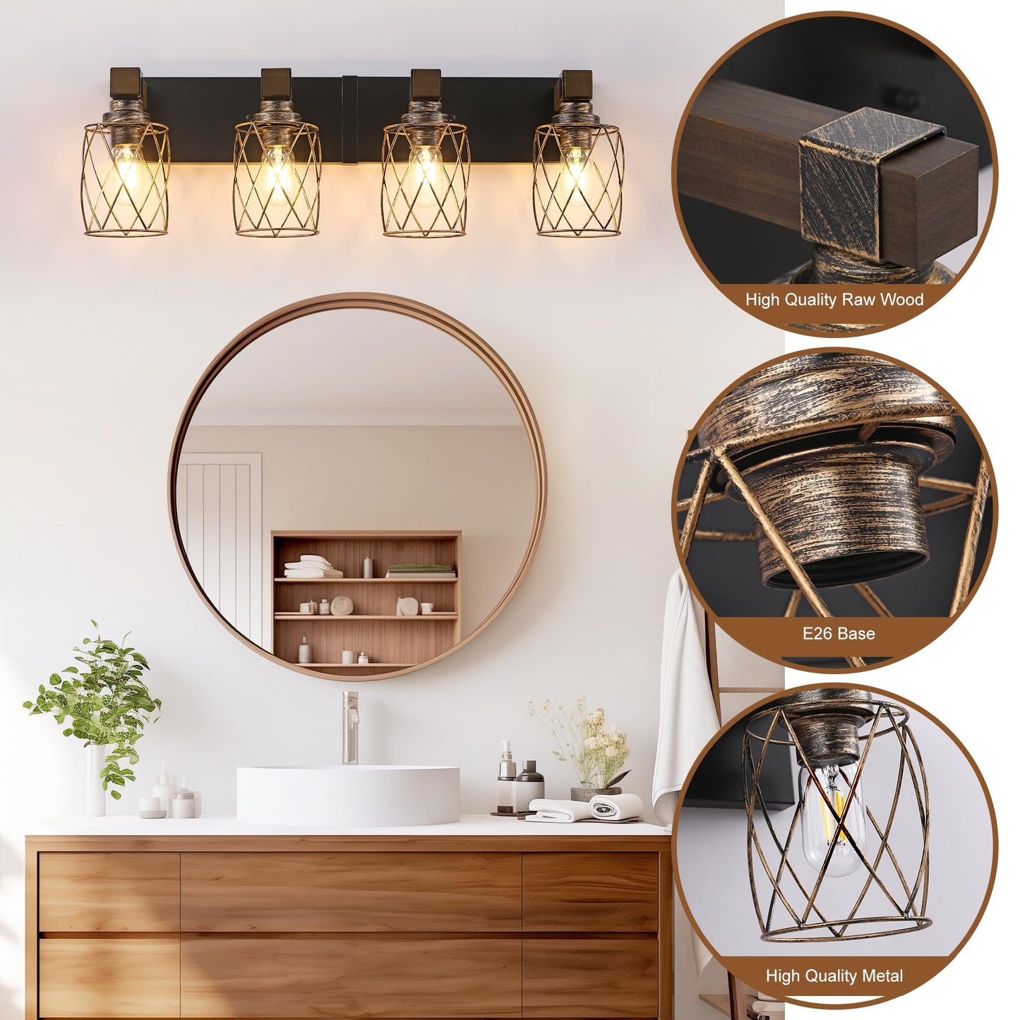 Farmhouse Bathroom Vanity Light  4-Light Wood Bathroom Light Fixtures Over Mirror  Black And Gold Industrial Vanity Lights With Metal Shade  Rustic Bathrooms Lighting For Living Room Bedroom Hallway
